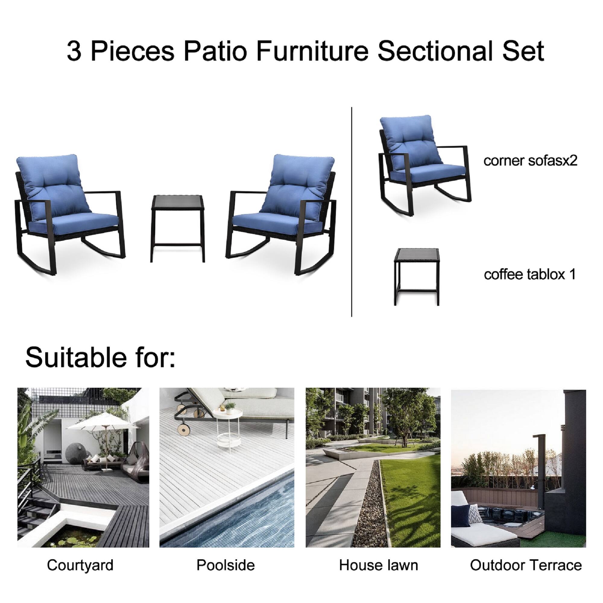 3 Pieces Patio Furniture Sectional Set

- corner sofasx2
- coffee tablox 1

Suitable for:
- Courtyard
- Poolsides
- House lawn
- Outdoor Terrace