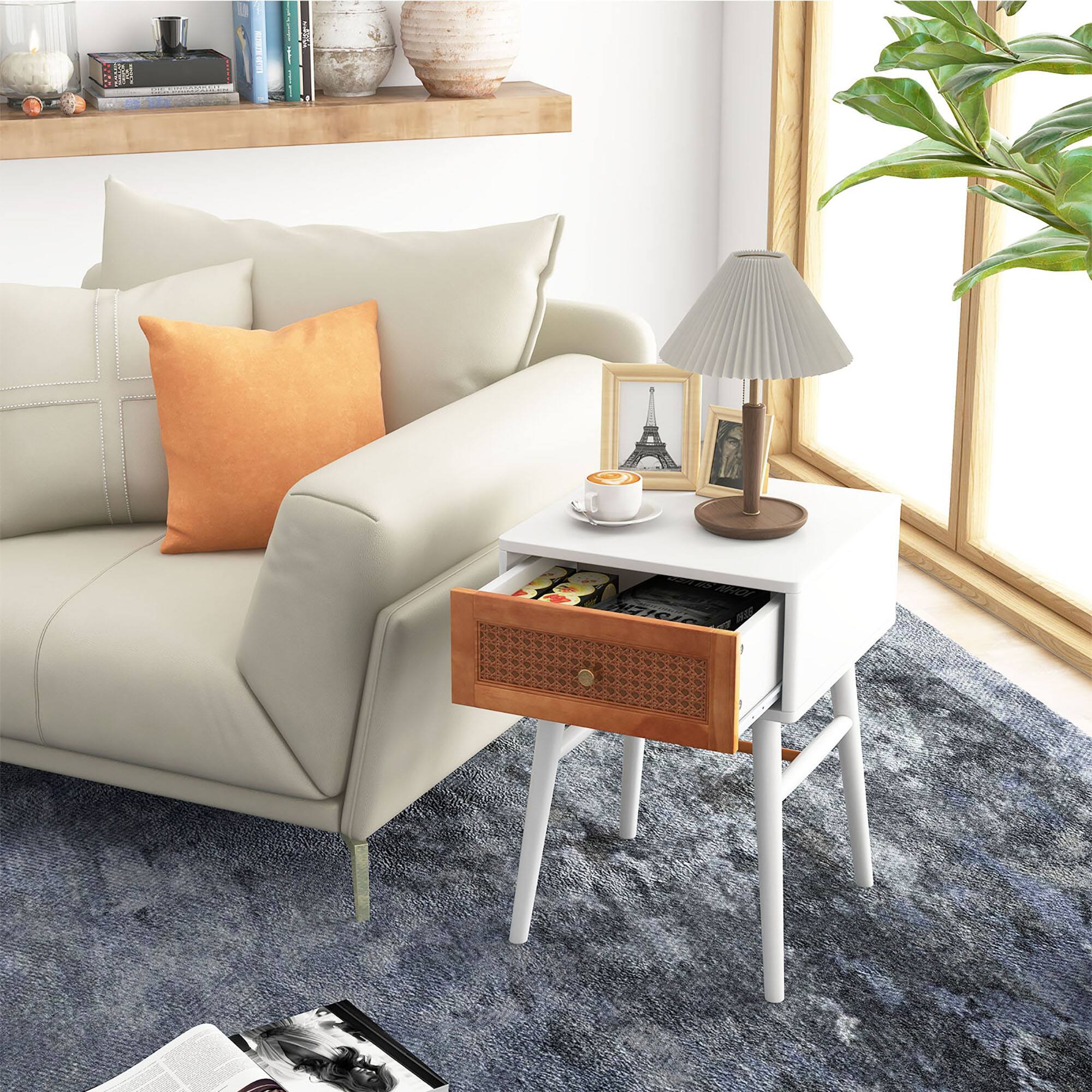 Alt View 3. Costway - Costway Nightstand Modern Bedside End Table with Storage Drawer & Solid Wood Legs - White,Brown.