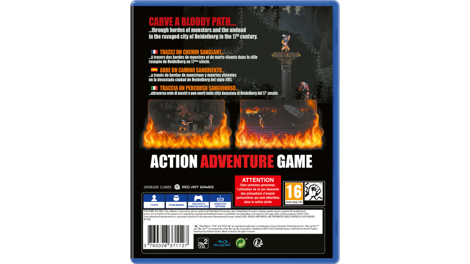 CARVE A BLOODY PATH... through hordes of monsters and the undead in the ravaged city of Heidelberg in the 17th century.

TRACEZ UN CHEMIN SANGLANT... travers des hordes de monstres et de morts-vivants dans la ville ravagée de Heidelberg au 17e siècle.

ABRE UN CAMINO SANGRIENTO... a través de hordas de monstruos y muertos vivientes en la devastada ciudad de Heidelberg del siglo XVII.

TRACCIA UN PERCORSO SANGUINOSO... attraverso orde di mostri e non-morti nella città devastata di Heidelberg del 17° secolo.

ACTION ADVENTURE GAME

ANDRADE GAMES & RED ART GAMES

ATTENTION
Chez certaines personnes, l'utilisation de ce jeu nécessite des précautions particulières. Des informations détaillées sont données dans la notice jointe.

PEGI 16

DEAD

3 70028 371127

PlayStation 4