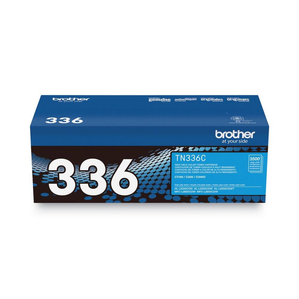 brother  
at your side  

336  

TN336C  
HIGH YIELD COLOR TONER CARTRIDGE  
CARTUCHO DE TONER DE COLOR DE ALTO RENDIMIENTO  
CARTUCHO DE TONER DE COLORE A TONER  
CYAN / GIAN / GIANO  

FOR USE WITH:  
HL-L8260CDW HL-L8360CDW HL-L8360CDW  
MFC-L8800CDW MFC-L8900CDW  

3500  
pages*  

genuine  
authentique  
original  
originale  

brother.com