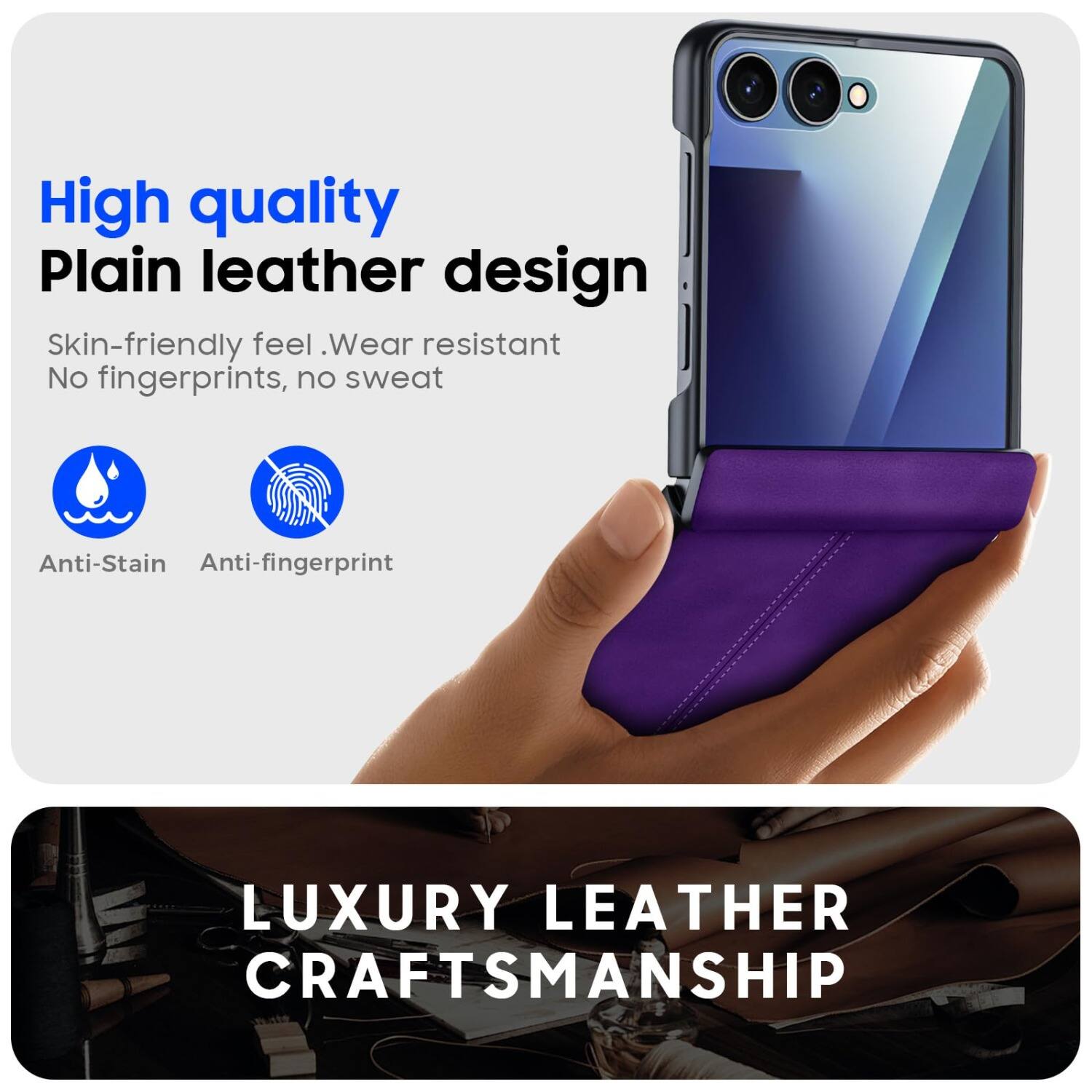 High quality Plain leather design  
Skin-friendly feel. Wear resistant  
No fingerprints, no sweat  
Anti-Stain  
Anti-fingerprint  
LUXURY LEATHER CRAFTSMANSHIP
