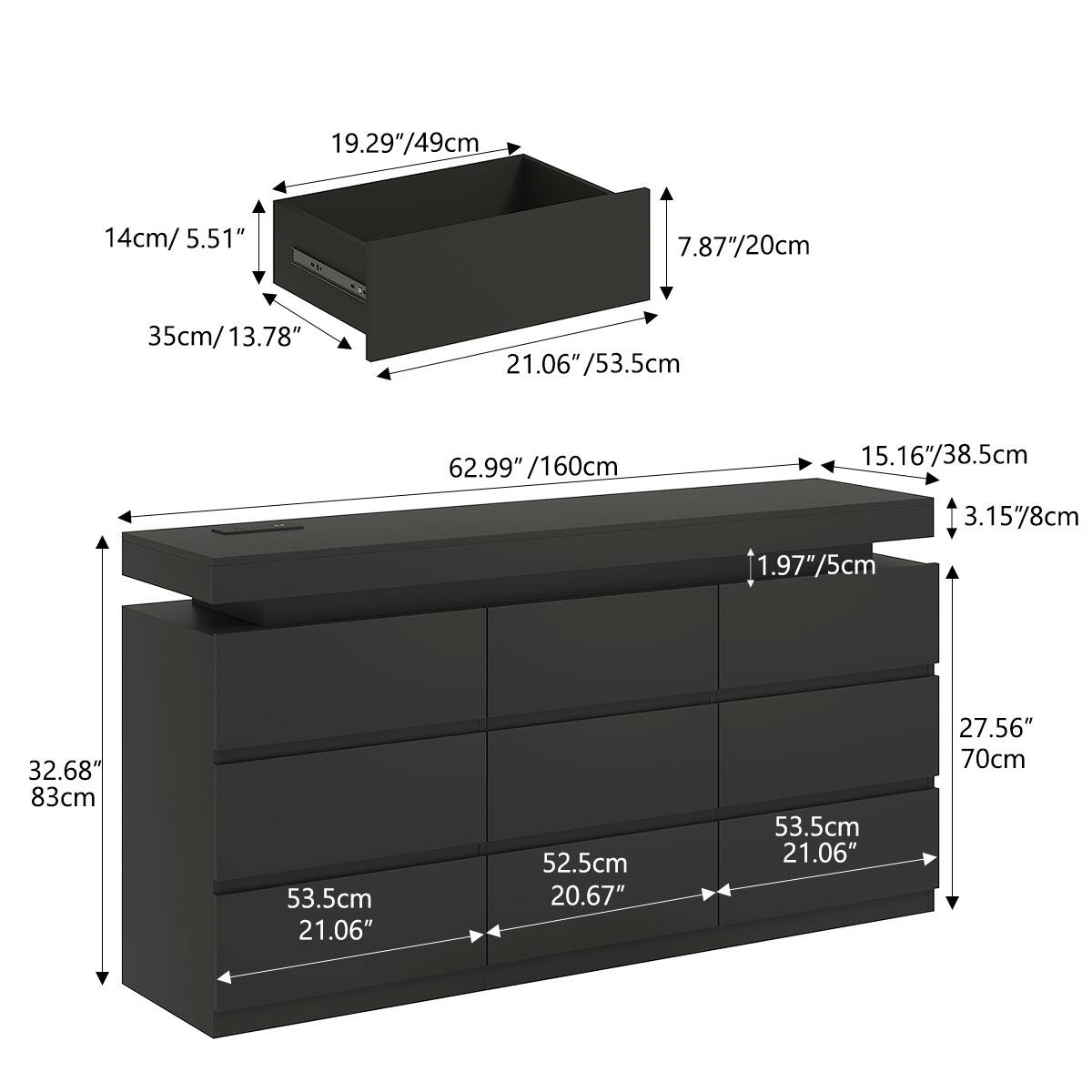 19.29"/49cm  
14cm/5.51"  
35cm/13.78"  
21.06"/53.5cm  
62.99"/160cm  
7.87"/20cm  
15.16"/38.5cm  
3.15"/8cm  
1.97"/5cm  
32.68"/83cm  
27.56"/70cm  
53.5cm/21.06"  
52.5cm/20.67"