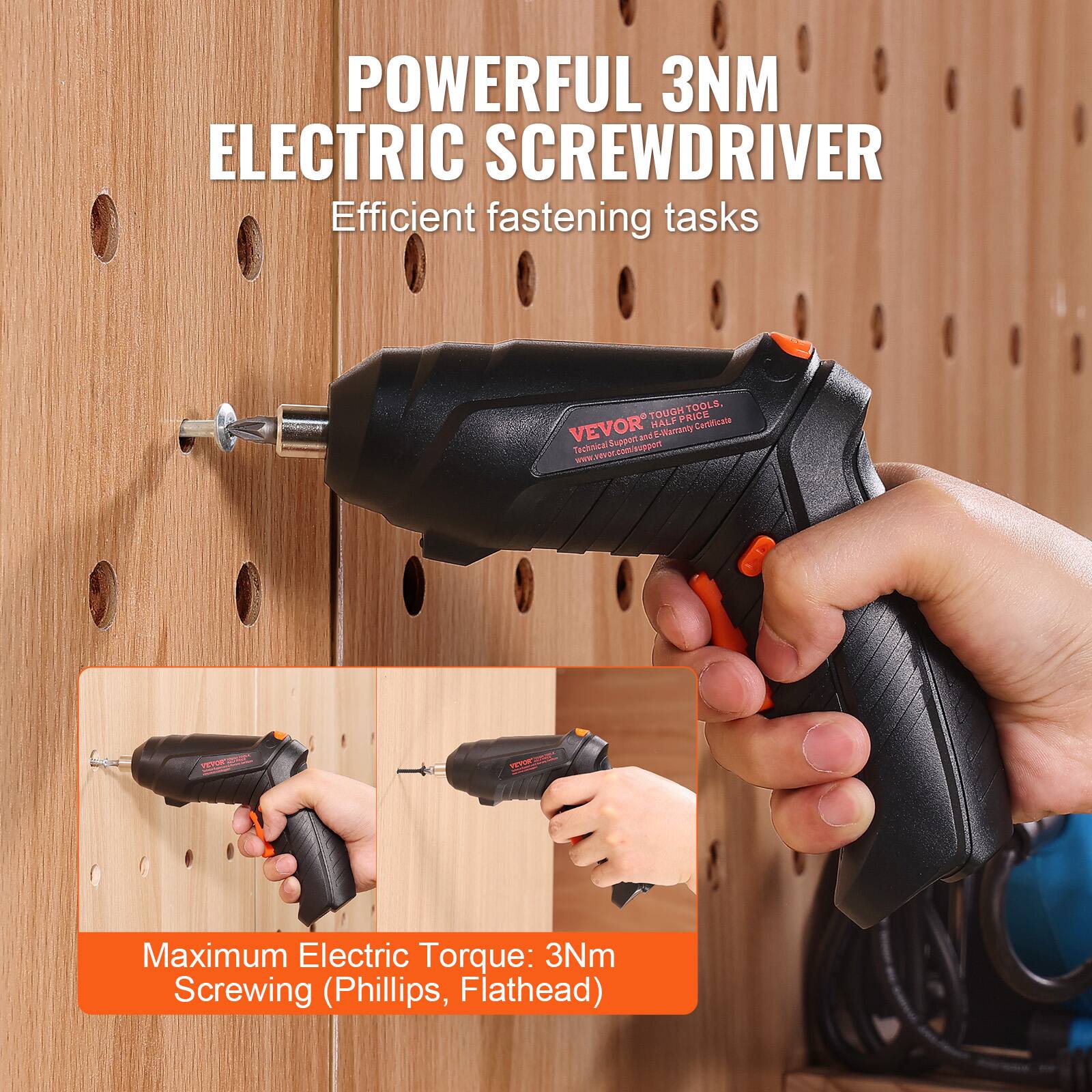 POWERFUL 3NM ELECTRIC SCREWDRIVER  
Efficient fastening tasks  

TOUGH TOOLS MALF PRICE Cartificane VEVOR SupportancE an E-momny Tachoucal www.tgygr.com/ycpon notoyeimes atee TAL S TSNCR  

Maximum Electric Torque: 3Nm  
Screwing (Phillips, Flathead)