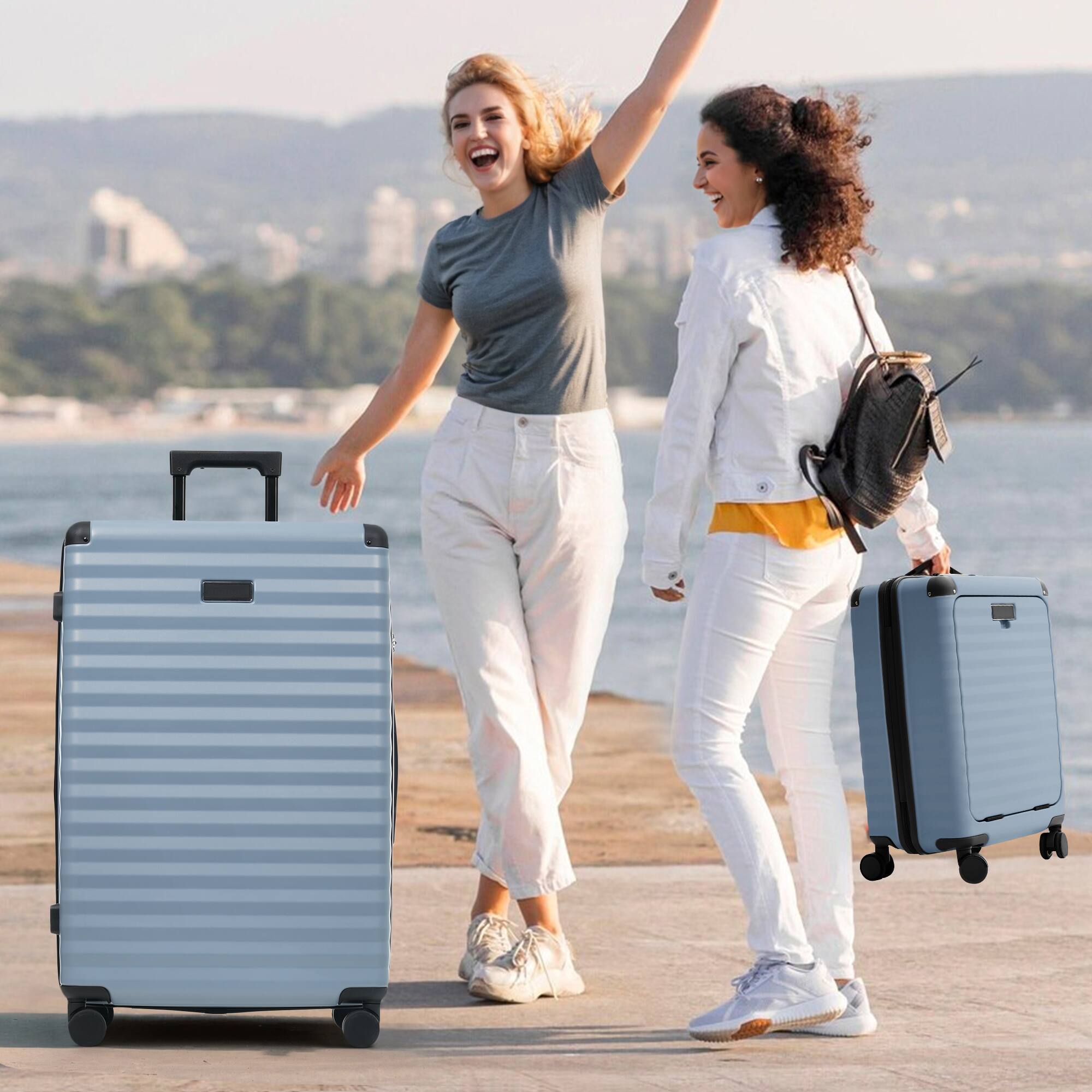 Alt View 8. Ecooso - 5-Piece Expandable ABS Spinner Luggage Set with TSA Lock, USB Port Carry-On, Cup Holder, Duffel, and Toiletry Bag - Sky Blue.