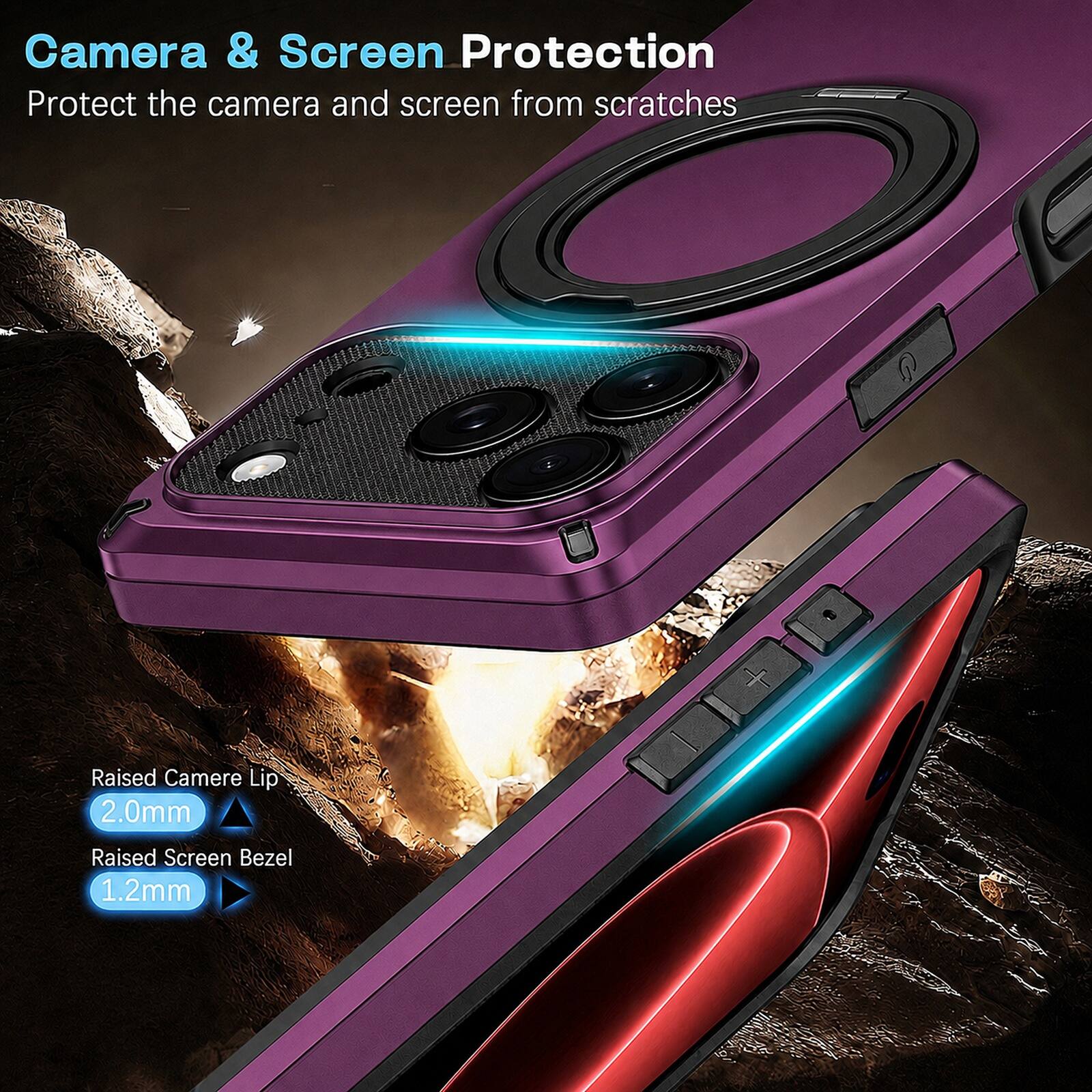 Camera & Screen Protection  
Protect the camera and screen from scratches  

Raised Camera Lip 2.0mm  
Raised Screen Bezel 1.2mm
