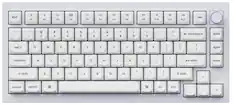 The image shows a close-up of a white keyboard with a blue background. The keyboard has a full set of keys, including letters, numbers, and function keys. The keys are arranged in a standard layout, with the letters and numbers occupying the majority of the space. The function keys are located along the top row, and the control keys are positioned in the bottom row. The keyboard also features a numeric keypad on the right side.