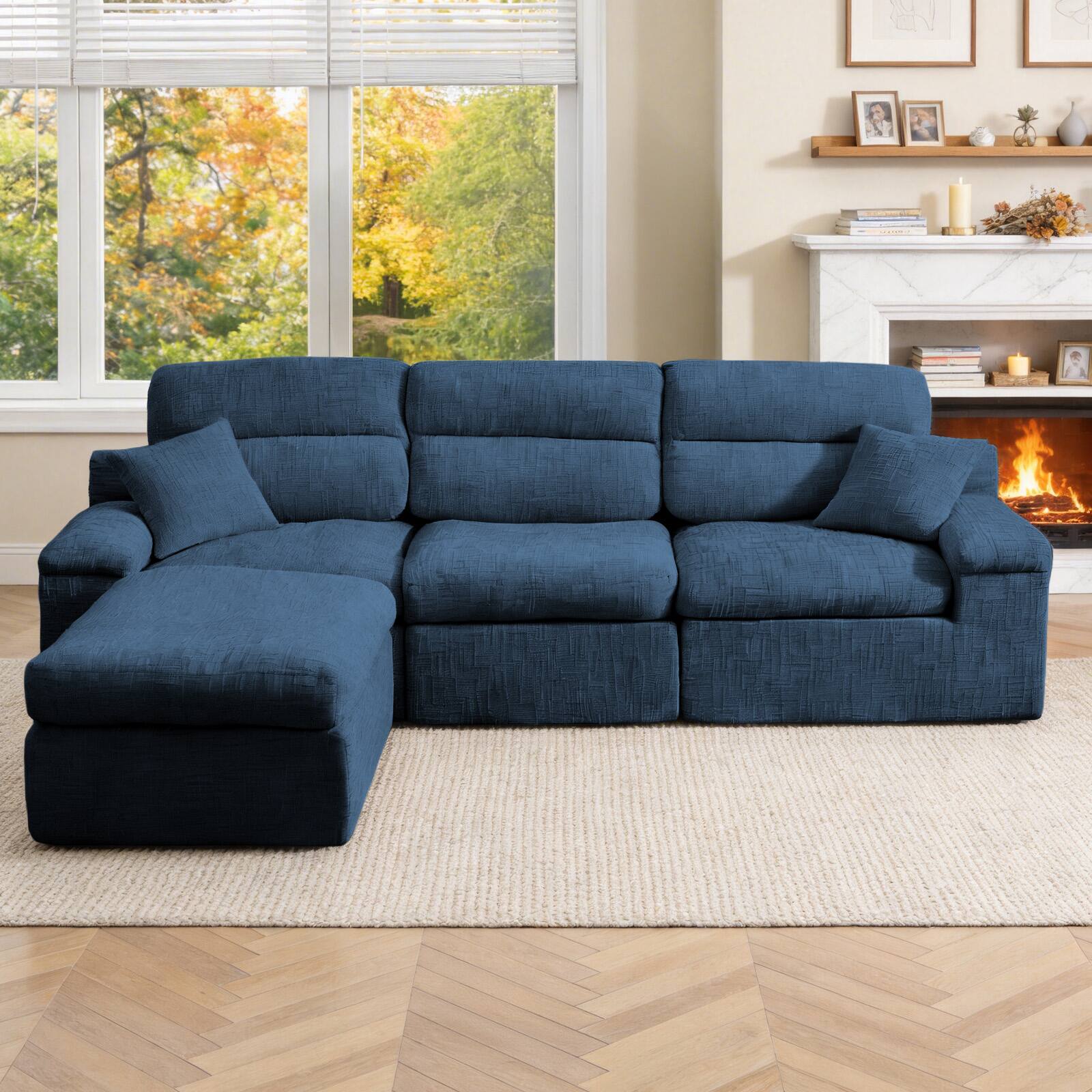 Left. Anysun - L-Shape Chenille Corner Chaise Sofa with High Backrest - Compressed Sponge, No Assembly for Living Room & Apartment - Dark Blue.