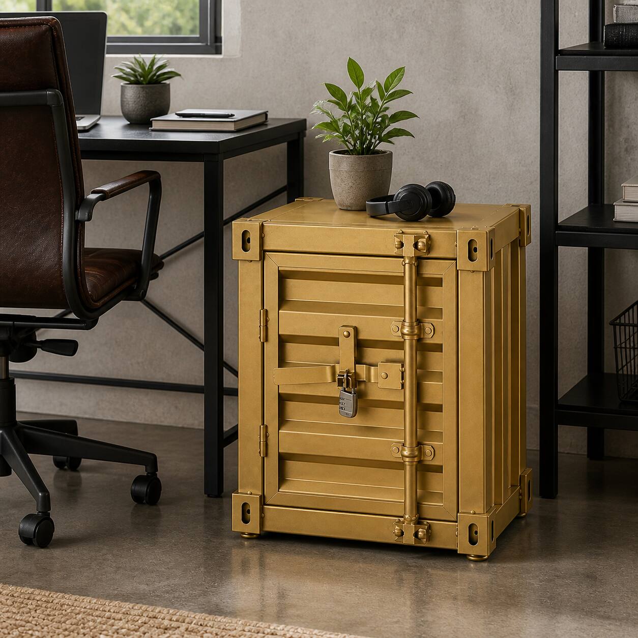 Left. VIVZONE - Modern Industrial Gold Metal Shipping Container Side Table with Lockable Shelf - Gold.