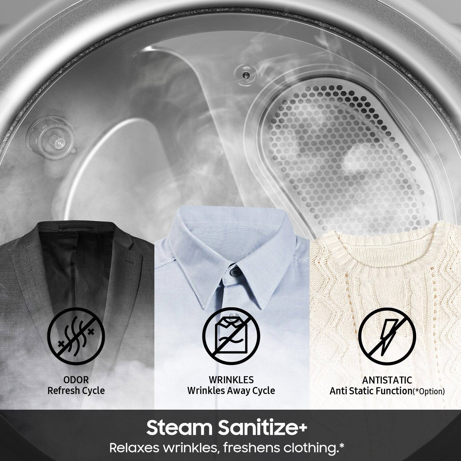 Steam Sanitize+ is a product that offers a combination of features to refresh and sanitize clothing. It includes an odor refresh cycle, a wrinkles away cycle, and an antistatic function. The image showcases a shirt being sanitized in a washing machine, with the Steam Sanitize+ logo visible. The product promises to relax wrinkles and freshen clothing, making it a convenient and effective solution for maintaining clean and well-presented garments.