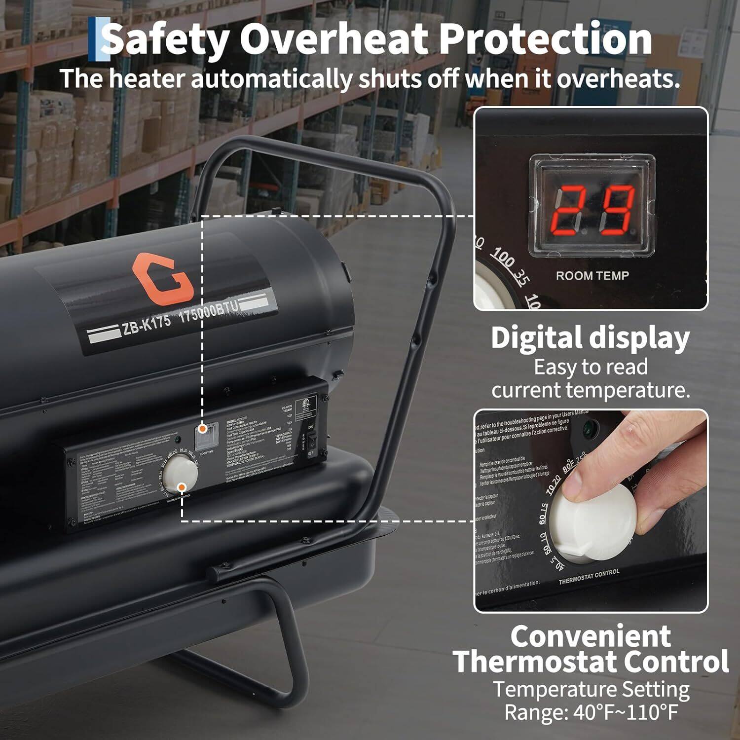 Alt View 3. GARVEE - 175000 BTUs Forced Air Kerosene Diesel Heater, with Thermostat and Wheels.