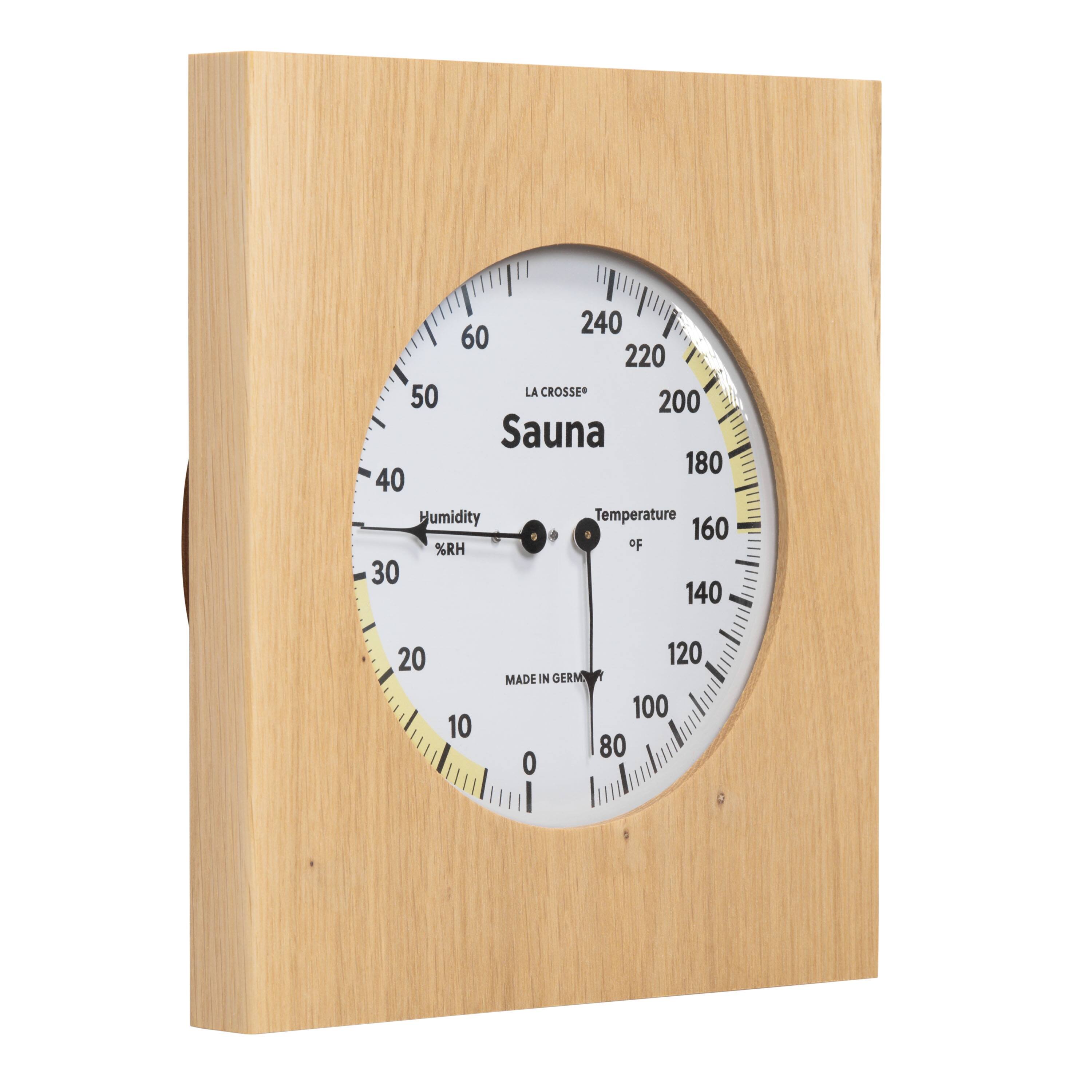 240 60 220 50  
LA CROSSE  
Sauna  
180 40  
Humidity  
160 %RH  
OF  
140 20  
MADE IN GERMANY  
120 10  
100 80  
0