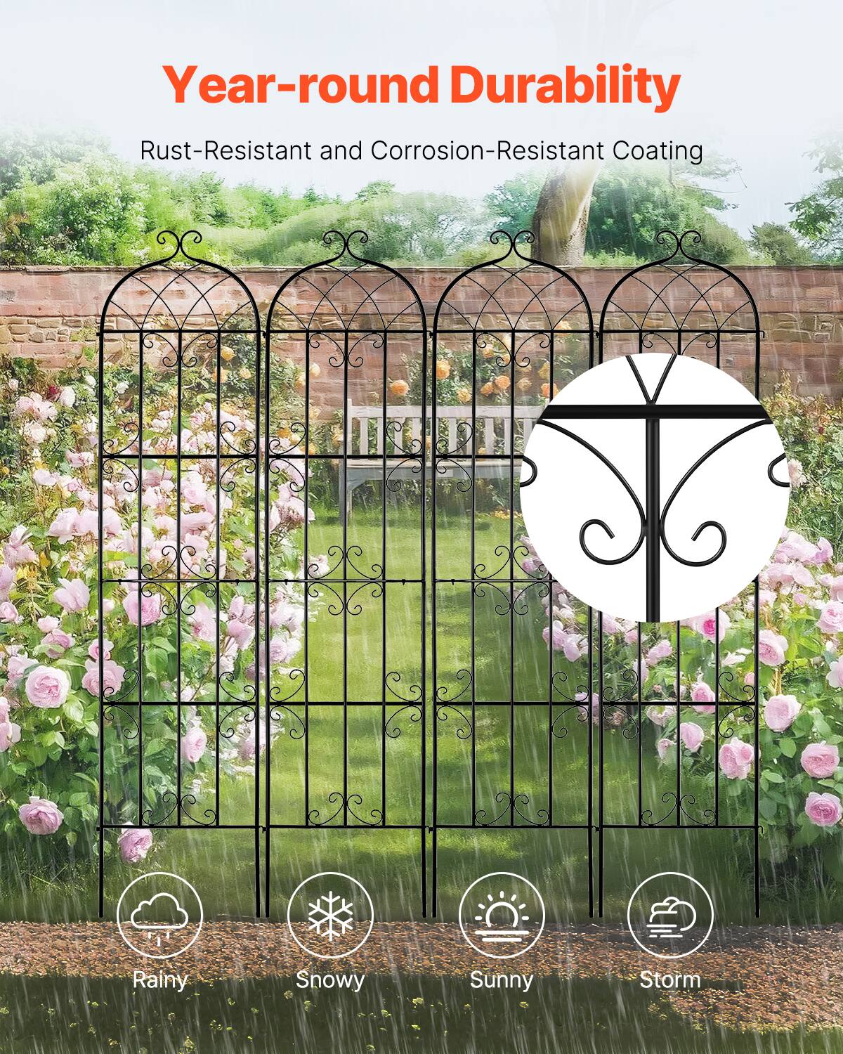 Year-round Durability  
Rust-Resistant and Corrosion-Resistant Coating  

Rainy  
Snowy  
Sunny  
Storm