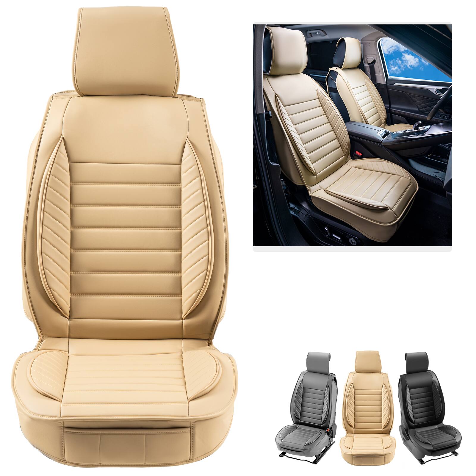 Front. VEVOR - Seat Covers, Universal Car Seat Covers Front Seats,2pcs Faux Leather Seat Cover,Semi-enclosed Design,Detachable Headrest - Beige.