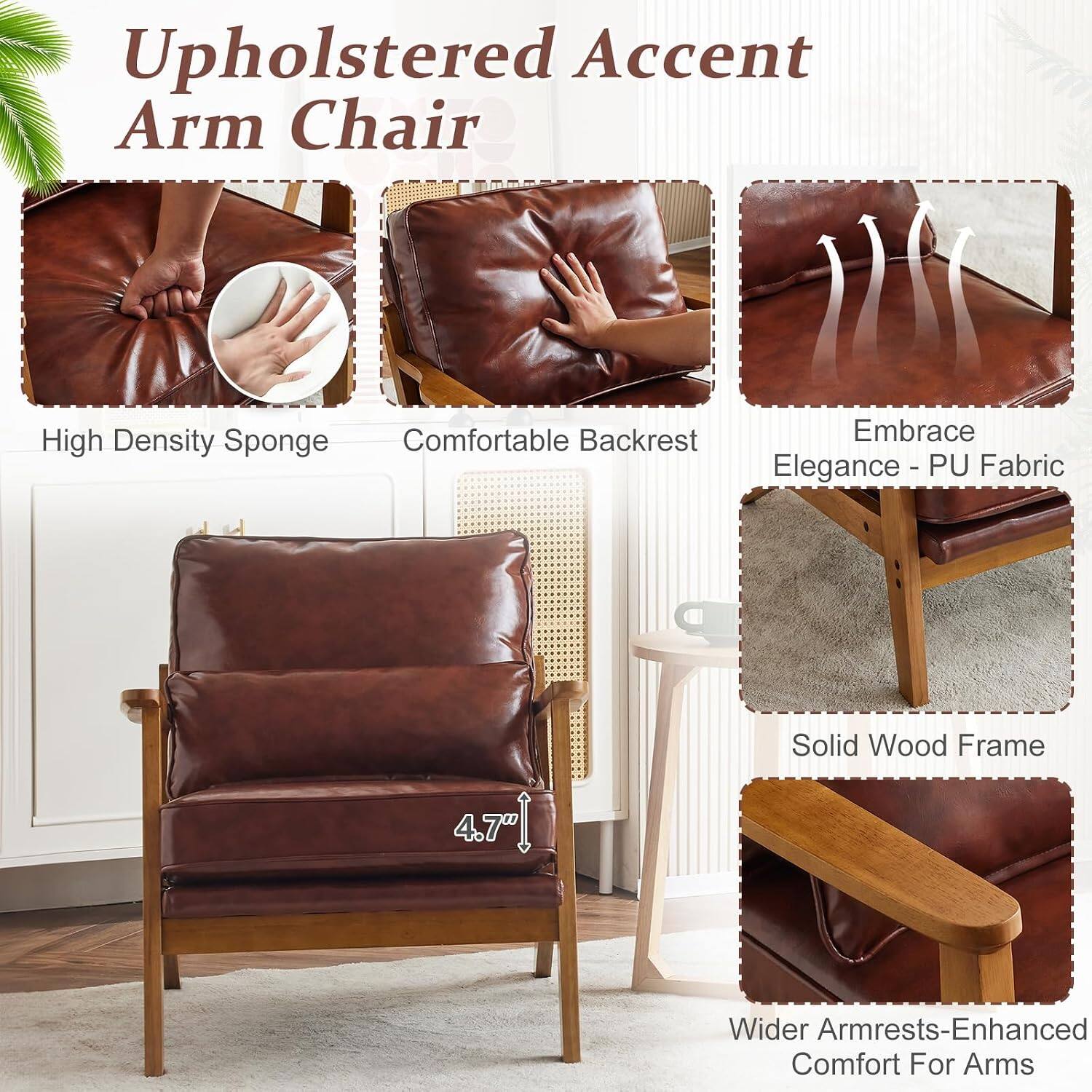 Upholstered Accent Arm Chair

Comfortable Backrest Embrace High Density Sponge Elegance - PU Fabric

Solid Wood Frame

4.7" Wider Armrests-Enhanced Comfort For Arms