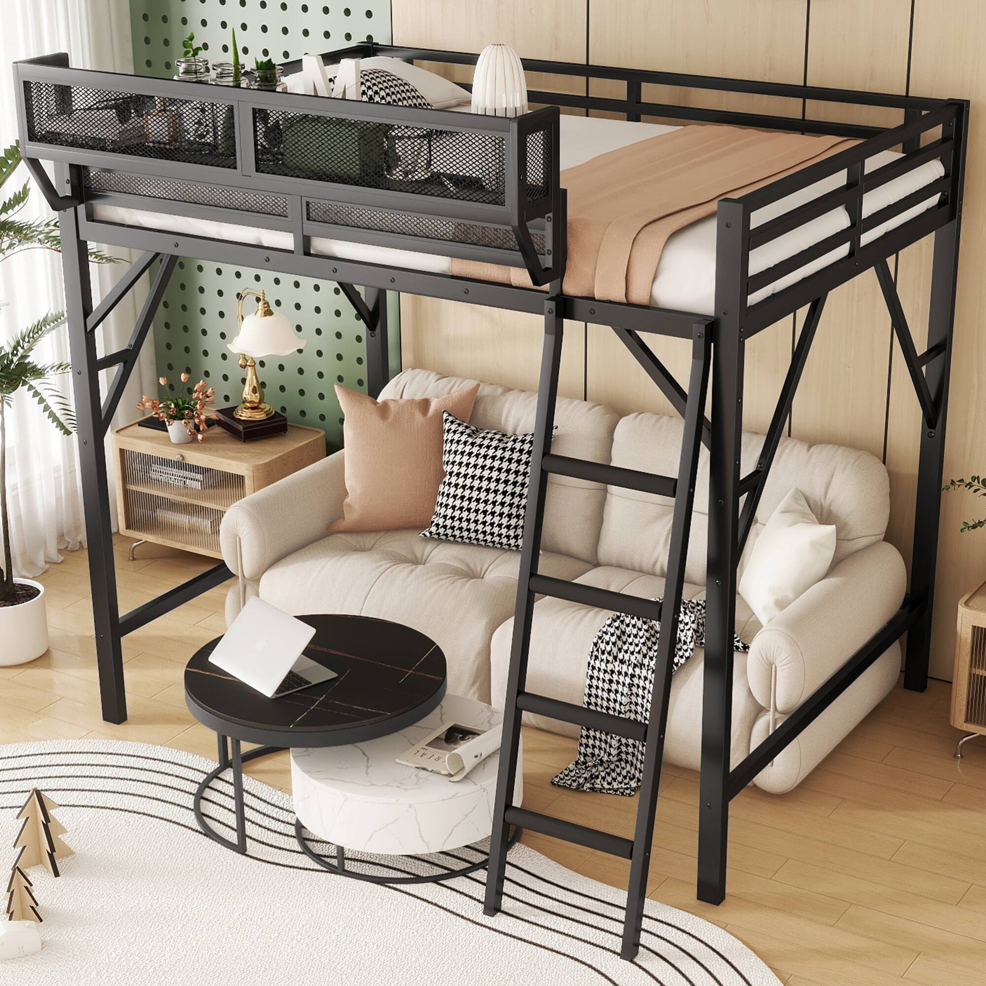 Back. GOODSILO - Queen Size Metal Loft Bed with Storage Shelves and Ladder for Kids and Teens - Black.