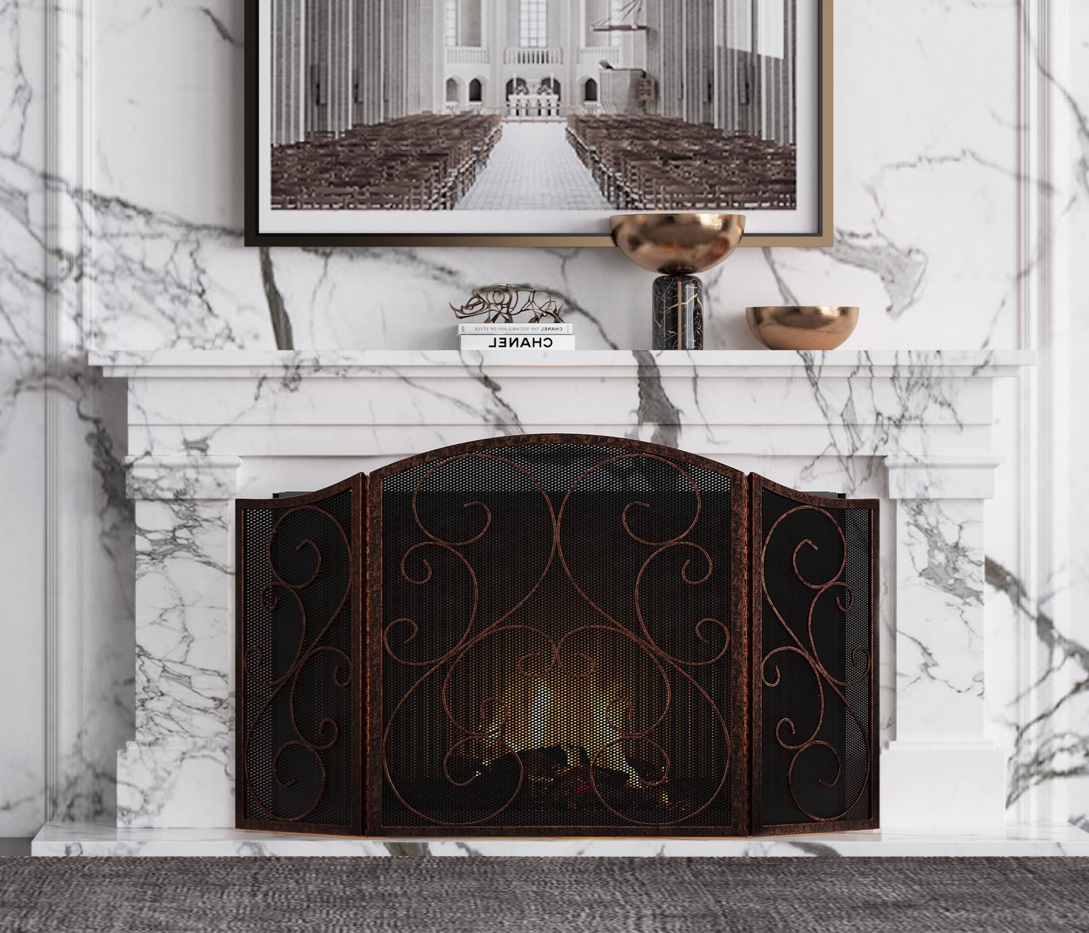 Alt View 1. JETRANSPORT - Fireplace Screen 3 Panel Wrought Iron Metal 48"(l) X30(h) Spark Guard Cover(brushed Copper) - Golden.