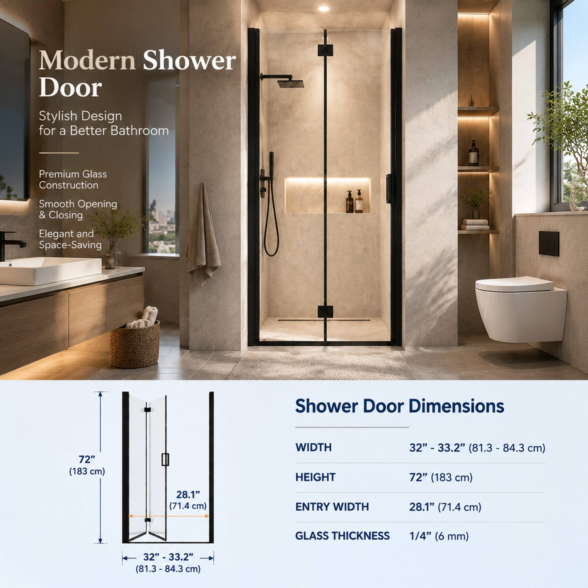 Modern Shower Door Stylish Design for a Better Bathroom

Premium Glass Construction
Smooth Opening & Closing
Elegant and Space-Saving

Shower Door Dimensions
WIDTH: 32" - 33.2" (81.3 - 84.3 cm)
HEIGHT: 72" (183 cm)
ENTRY WIDTH: 28.1" (71.4 cm)
GLASS THICKNESS: 1/4" (6 mm)
