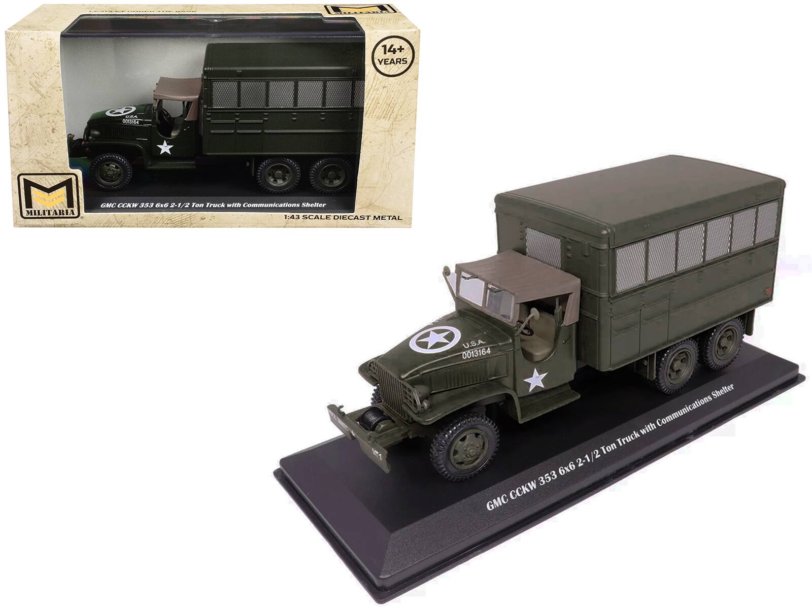 GMC CCKW 353 6x6 2-1/2 Ton Truck with Communications Shelter  
1:43 Scale Diecast Metal  
U.S.A. 0013164  
14+ Years  
Militaria