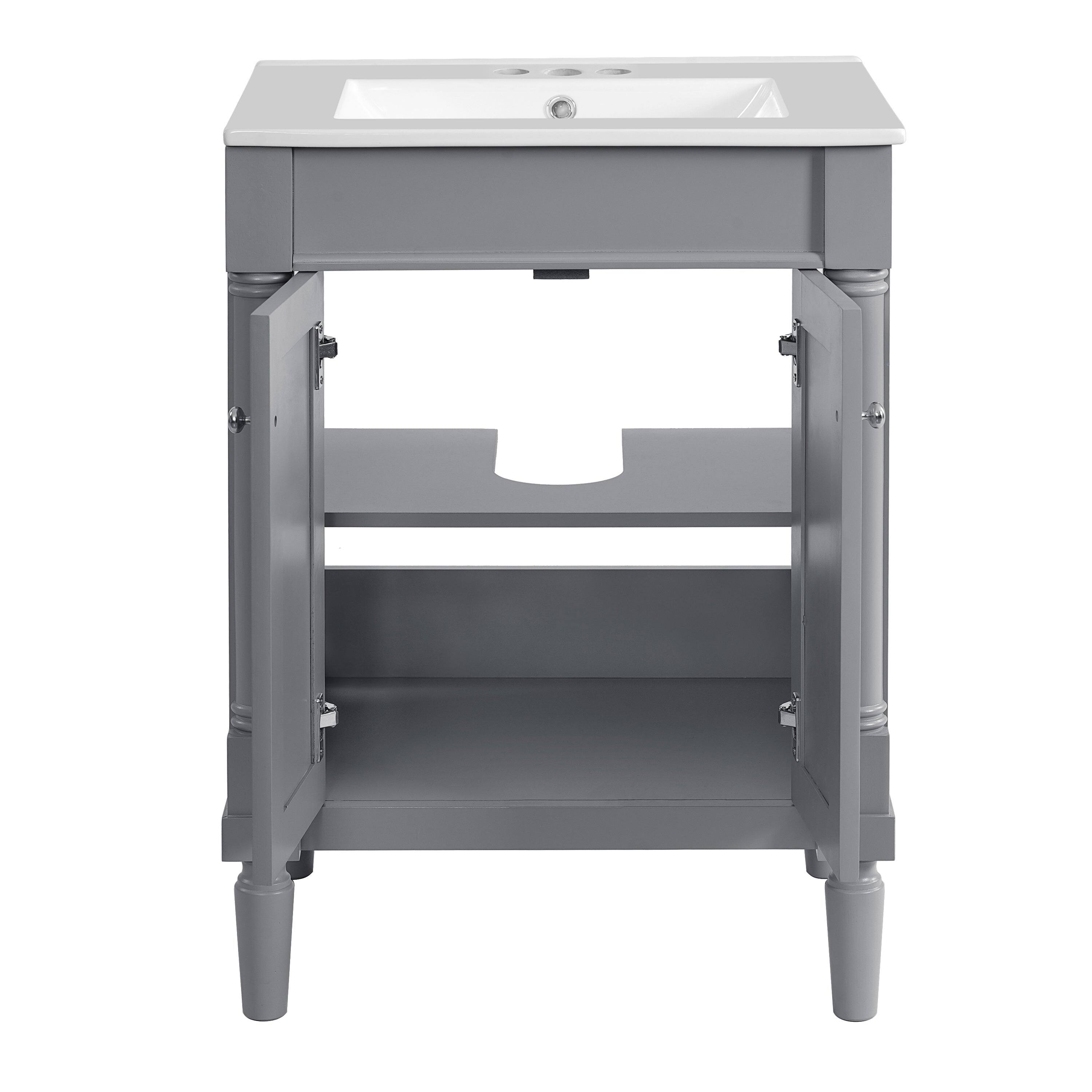 Alt View 9. Boyel Living - 24 Inch Bathroom Vanity Grey with Ceramic Sink Solid Wood Frame Double Door Storage - Gray.