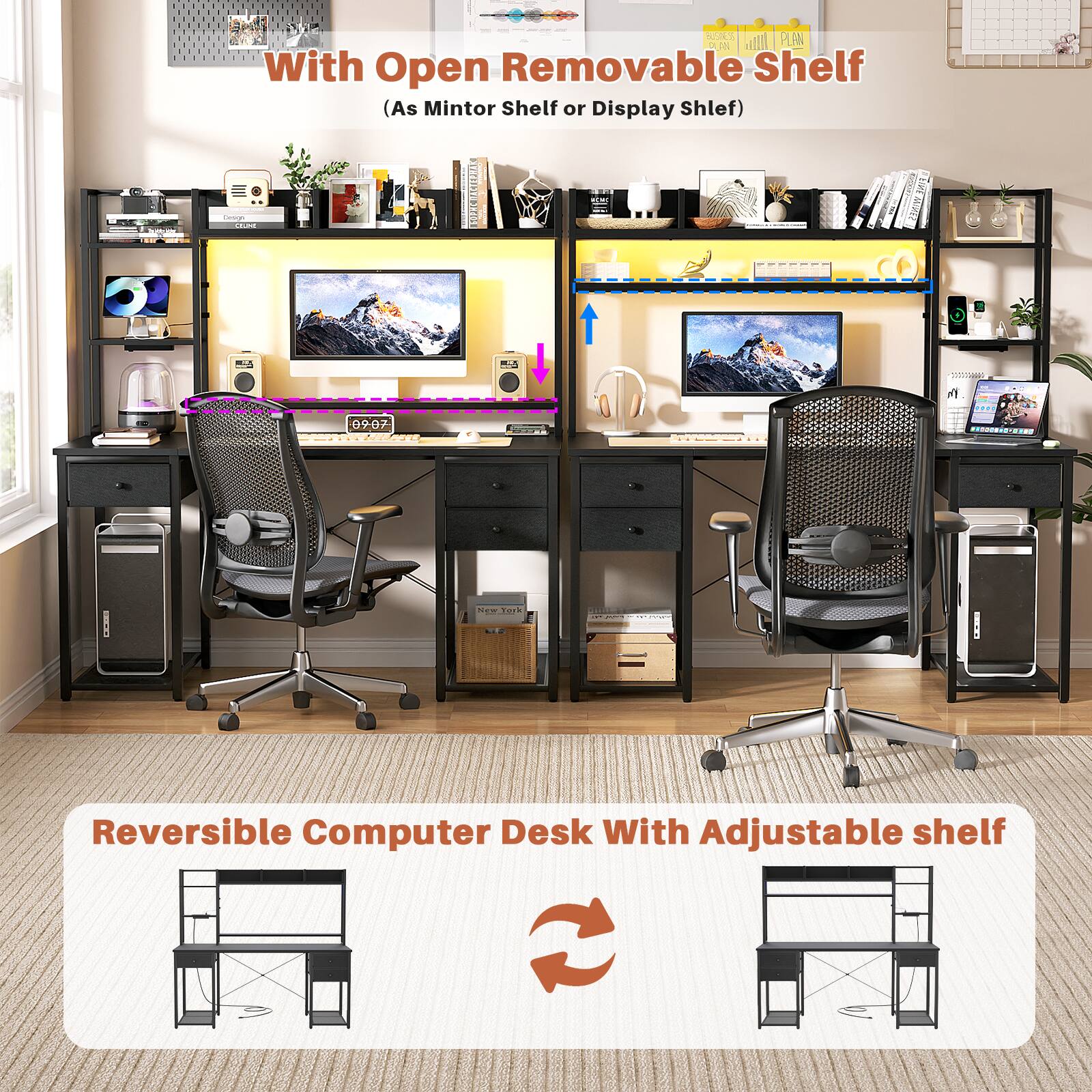 With Open Removable Shelf (As Monitor Shelf or Display Shelf)

Reversible Computer Desk With Adjustable Shelf