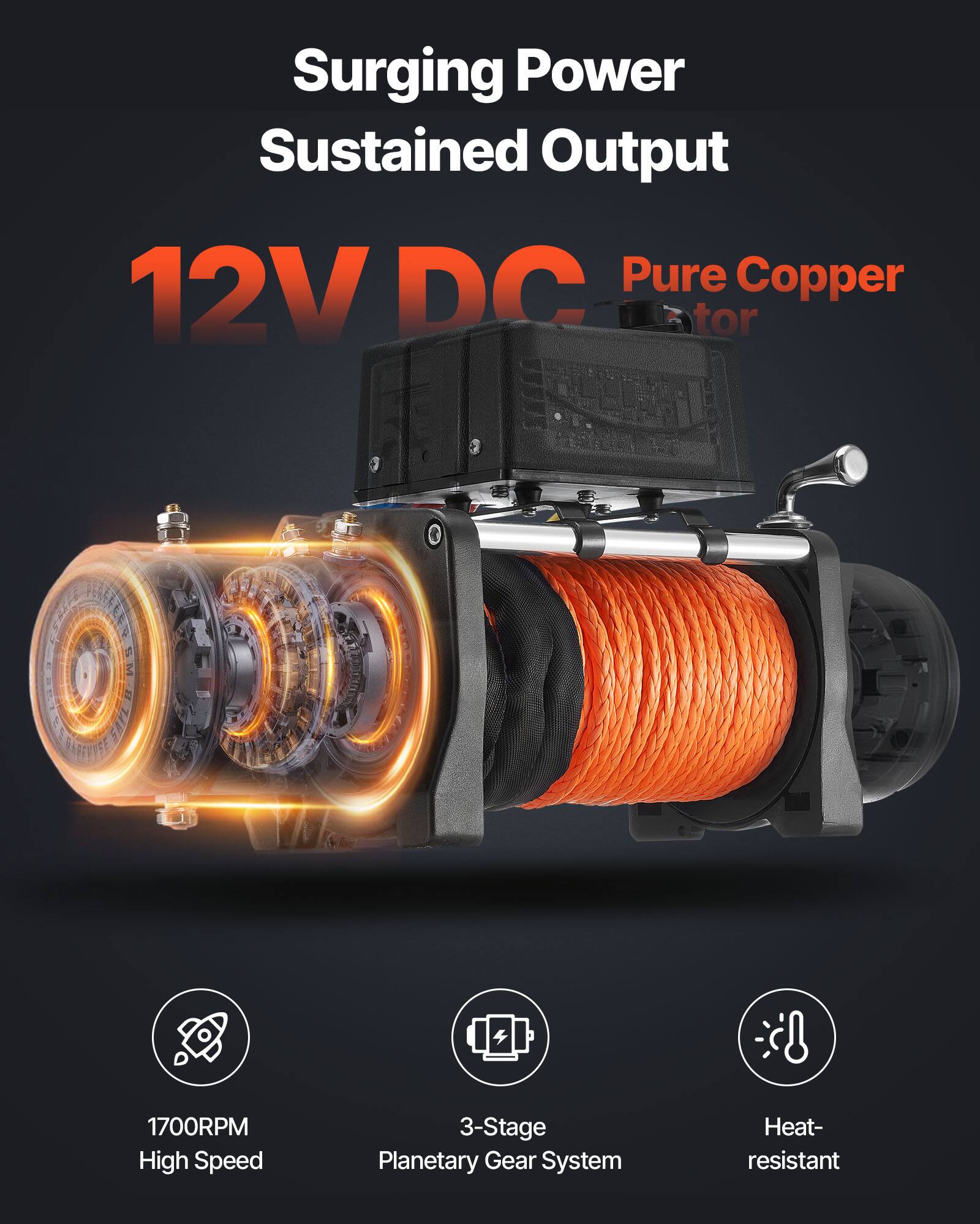 Surging Power  
Sustained Output  
12V DC  
Pure Copper  
1700RPM  
High Speed  
3-Stage Planetary Gear System  
Heat-resistant