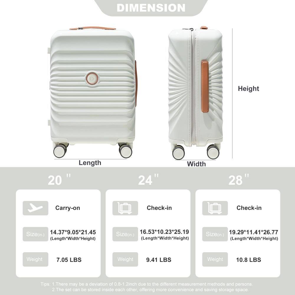 **DIMENSION**

- **Height:** 20"
- **Length:** 24"
- **Width:** 28"

**Carry-on**
- Size (in): 14.37" x 9.05" x 21.45" (Length x Width x Height)
- Weight: 7.05 LBS

**Check-in**
- Size (in): 16.53" x 10.23" x 25.19" (Length x Width x Height)
- Weight: 9.41 LBS

**Check-in**
- Size (in): 19.29" x 11.41" x 26.77" (Length x Width x Height)
- Weight: 10.8 LBS

**Tips:**
1. There may be a deviation of 0.8-1.2 inch due to different measurement methods and persons.
2. The set can be stored inside each other, offering more convenience and saving storage space.
