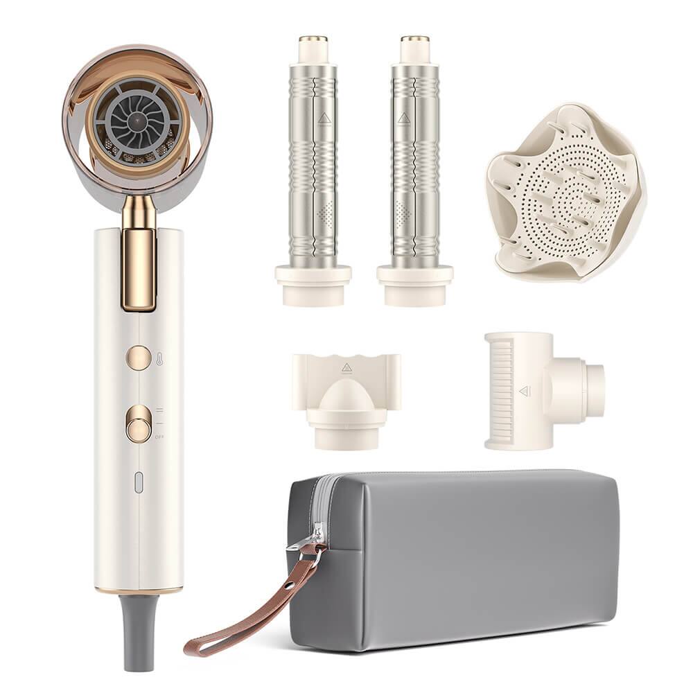 Angle. Gomyth - 5-in-1 Hair Dryer & Multi-Styler, 1300W High-Speed Ionic Hair Blower, No Heat Damage, Foldable & Dual Voltage for Travel - Pearly White & Brown.