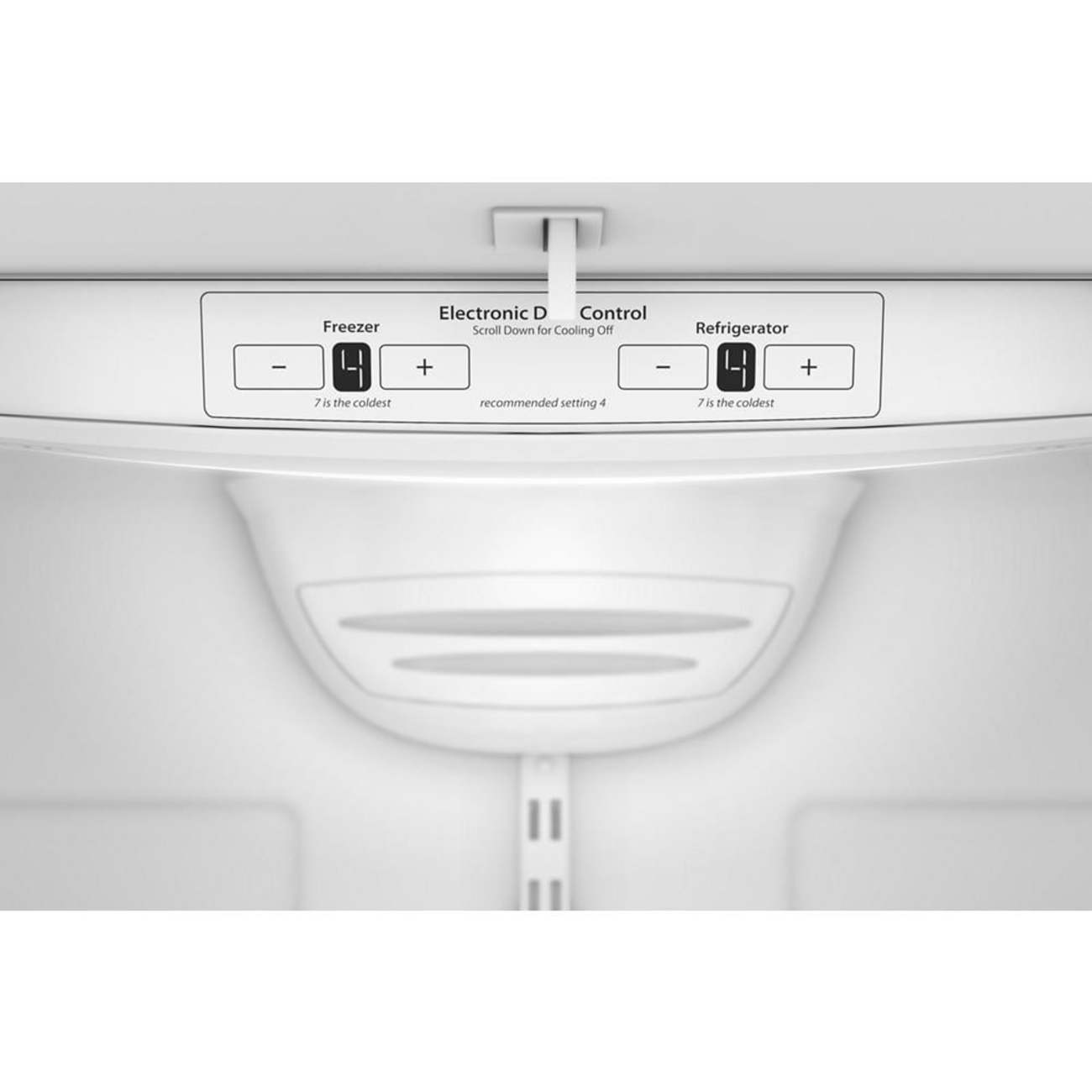 Freezer Electronic D Control Scroll Down for Cooling Off  
- 4 +  
7 is the coldest  
recommended setting 4  

Refrigerator  
- 4 +  
7 is the coldest