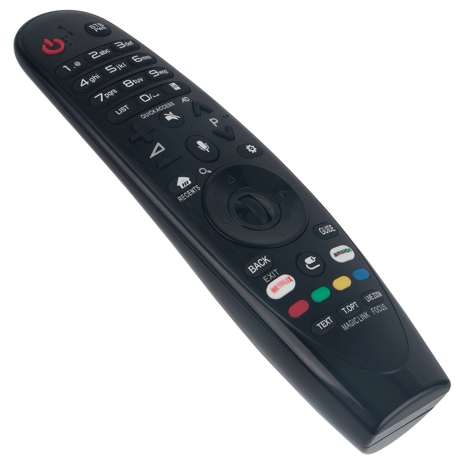Sure, here is the corrected and grouped text from the image:

- STB PW
- 1. @
- 2. abc
- 3. def
- 4. ghi
- 5. jkl
- 6. mno
- 7. pqrs
- 8. tuv
- 9. wxyz
- 0. Ikt
- LIST
- QUICK ACCESS
- AD
- RECENTS
- BACK
- EXIT
- NETFLIX
- GUIDE
- amazon
- TEXT
- MAGIC LINK
- FOCUS
- TOP T
- LNEZOON
- T.PT