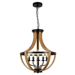 Loheer - Five Light Farmhouse Chandelier with Geometric Wood Frame for Dining Room or Foyer
