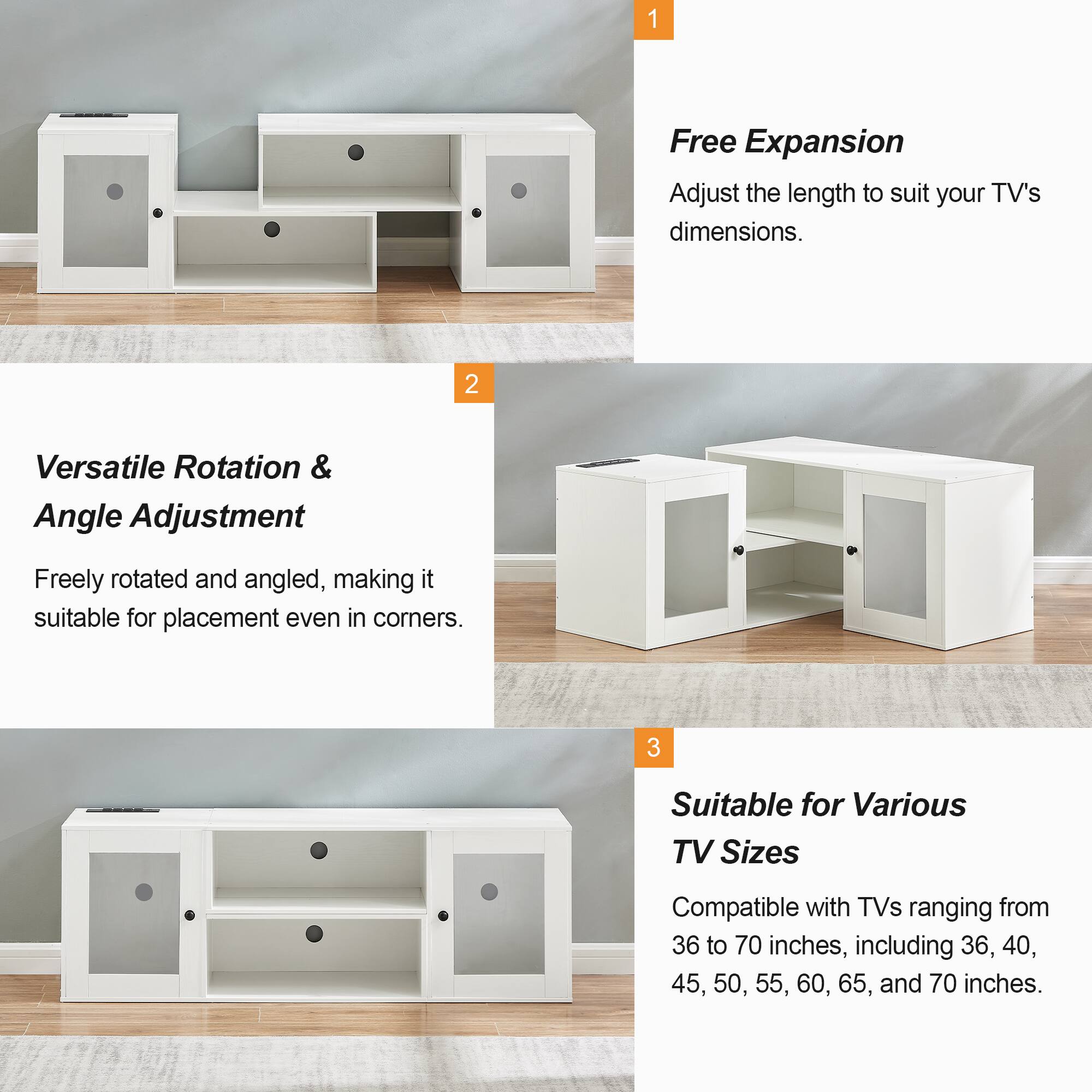 1. **Free Expansion**  
   Adjust the length to suit your TV's dimensions.

2. **Versatile Rotation & Angle Adjustment**  
   Freely rotated and angled, making it suitable for placement even in corners.

3. **Suitable for Various TV Sizes**  
   Compatible with TVs ranging from 36 to 70 inches, including 36, 40, 45, 50, 55, 60, 65, and 70 inches.