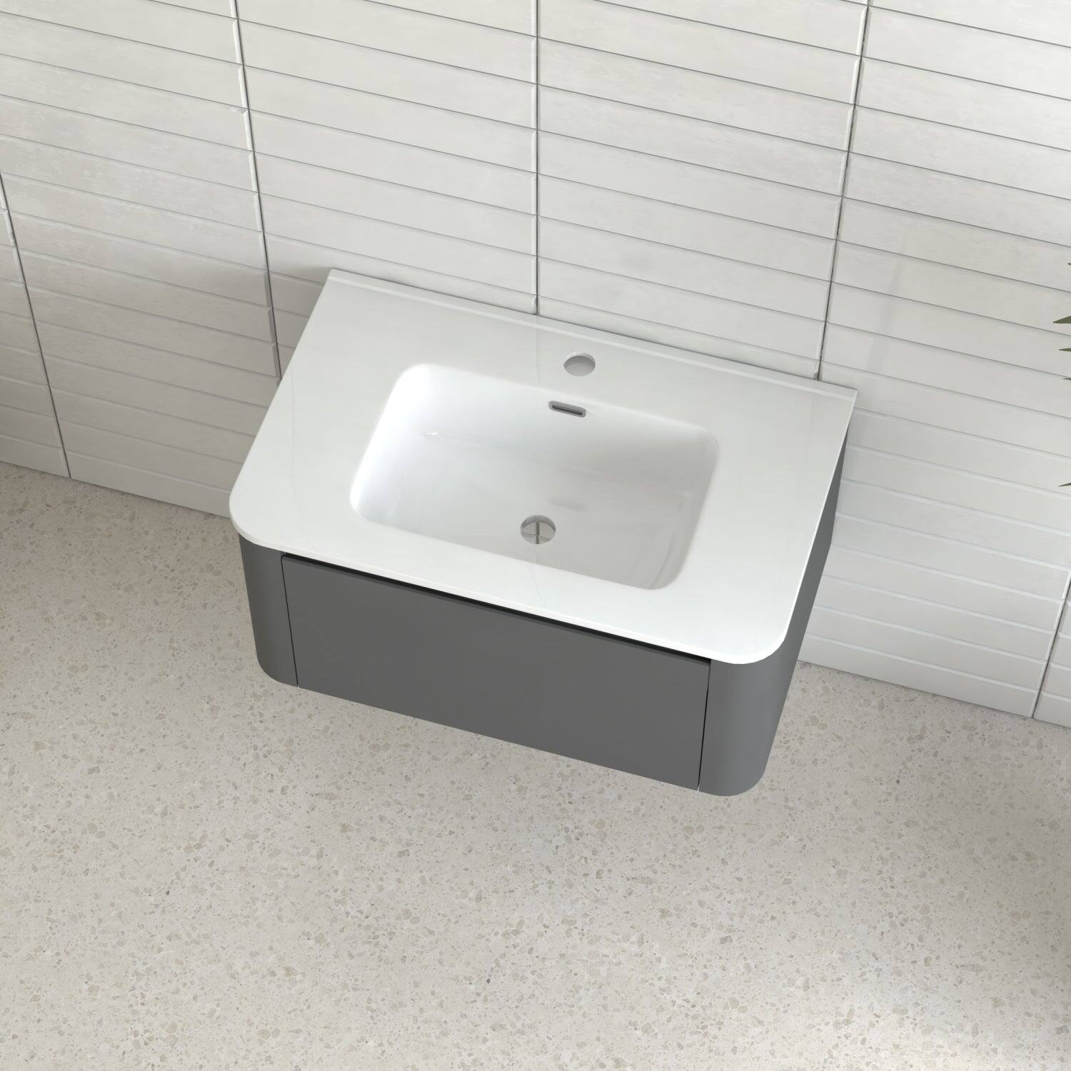 Angle. Boyel Living - 30 in Grey Wall-Mounted Bathroom Vanity with Soft-Close Drawer Ceramic Integrated Basin PET Waterproof Finish - Gray.