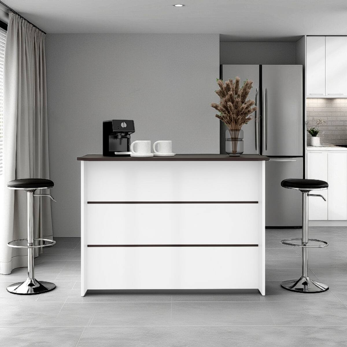 Left. Loheer - Loheer 47 Inch Wide Kitchen Prep Table, White and Dark Walnut Kitchen Island with Three Open Shelves - White and Dark Walnut.