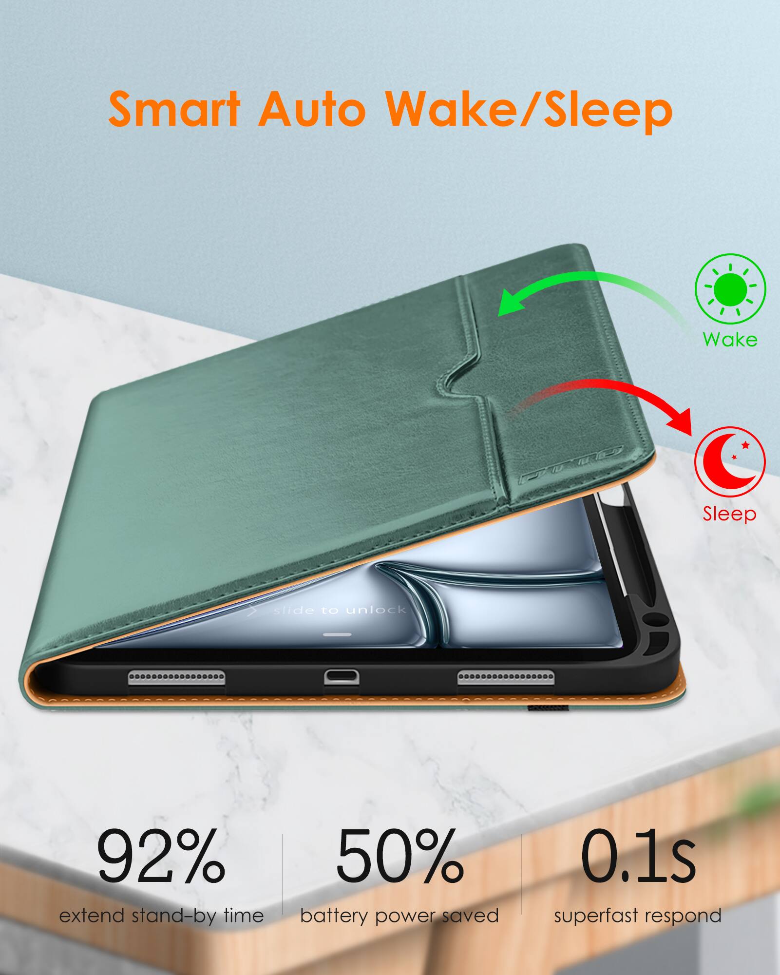 Smart Auto Wake/Sleep

- 92% extend stand-by time
- 50% battery power saved
- 0.1s superfast respond

slide to unlock
