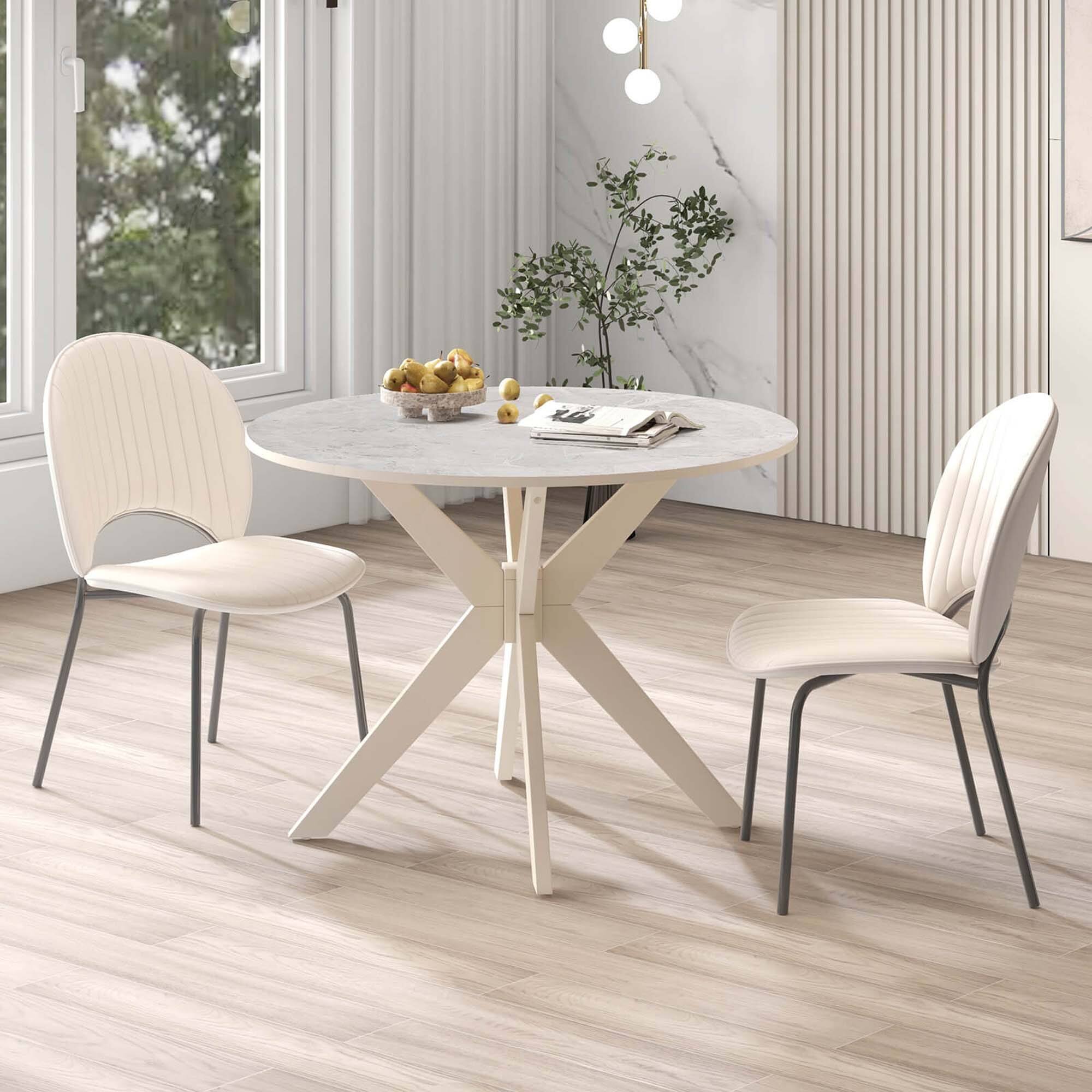 Angle. Costway - Round Dining Table 36" Faux Marble Tabletop Rubber Wood Legs Kitchen - White.