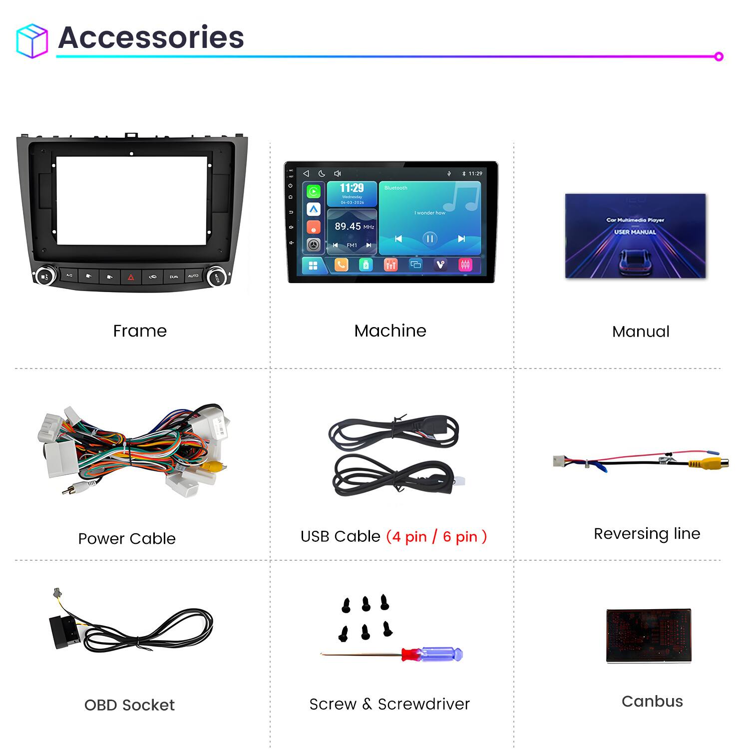 Accessories

11:29

Bluetooth Weinsde 04-00-2026 Twonder how 89.45 MHz II PM1

Cor Multimedia Player USER MANUAL

40
8
20%

88
V

Frame
Machine
Manual
Power Cable
USB Cable (4 pin / 6 pin)
Reversing line
OBD Socket
Screw & Screwdriver
Canbus