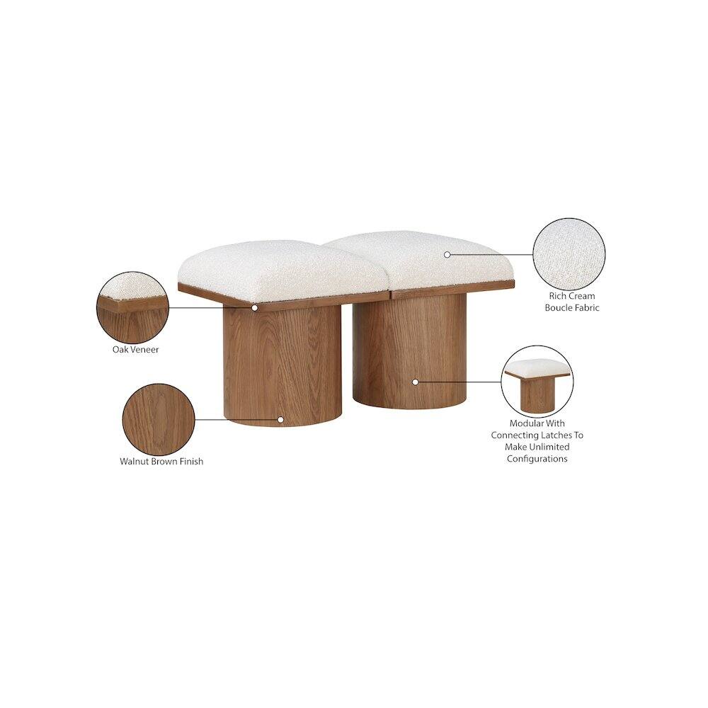 Rich Cream Boucle Fabric  
Oak Veneer  
Walnut Brown Finish  
Modular With Connecting Latches To Make Unlimited Configurations