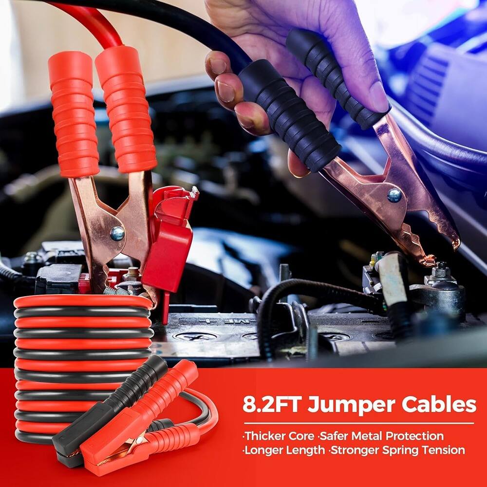 8.2FT Jumper Cables  
- Thicker Core  
- Safer Metal Protection  
- Longer Length  
- Stronger Spring Tension