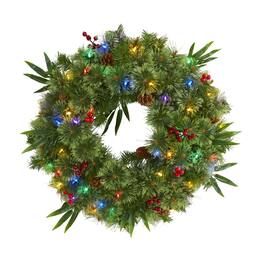 BreeBe - 24" Wreath 100 TIPS 50 Multi LED Lite berry & pine cone - Green
