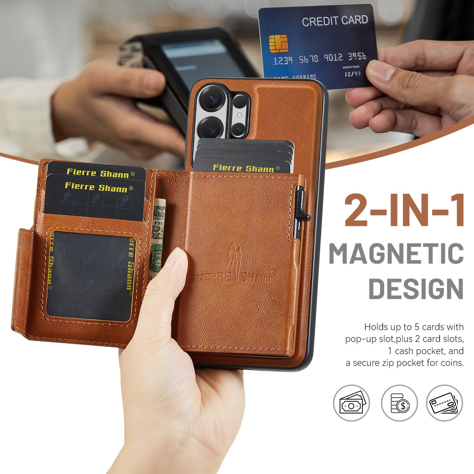 CREDIT CARD 5678 9012 3456 1234 MTTSM NE 12/99 Fierre Shann Fierre Shann Fierre Shann Fierre Shann 2-IN-1 MAGNETIC DESIGN Holds up to 5 cards with pop-up slot, plus 2 card slots, 1 cash pocket, and a secure zip pocket for coins.