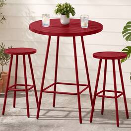 Best Choice Products - 3-Piece Steel Patio Bar Height Round Bistro Set w/ Backless Stools, Slatted Design - Red
