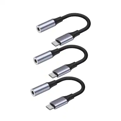 Front. Qixxronics - (3pcs) USB-C to 3.5 mm AUX Adapter Compatible with iPhone 17 16 15, Samsung Galaxy, Note, Pixel Devices iPad Pro, & More - Gray.