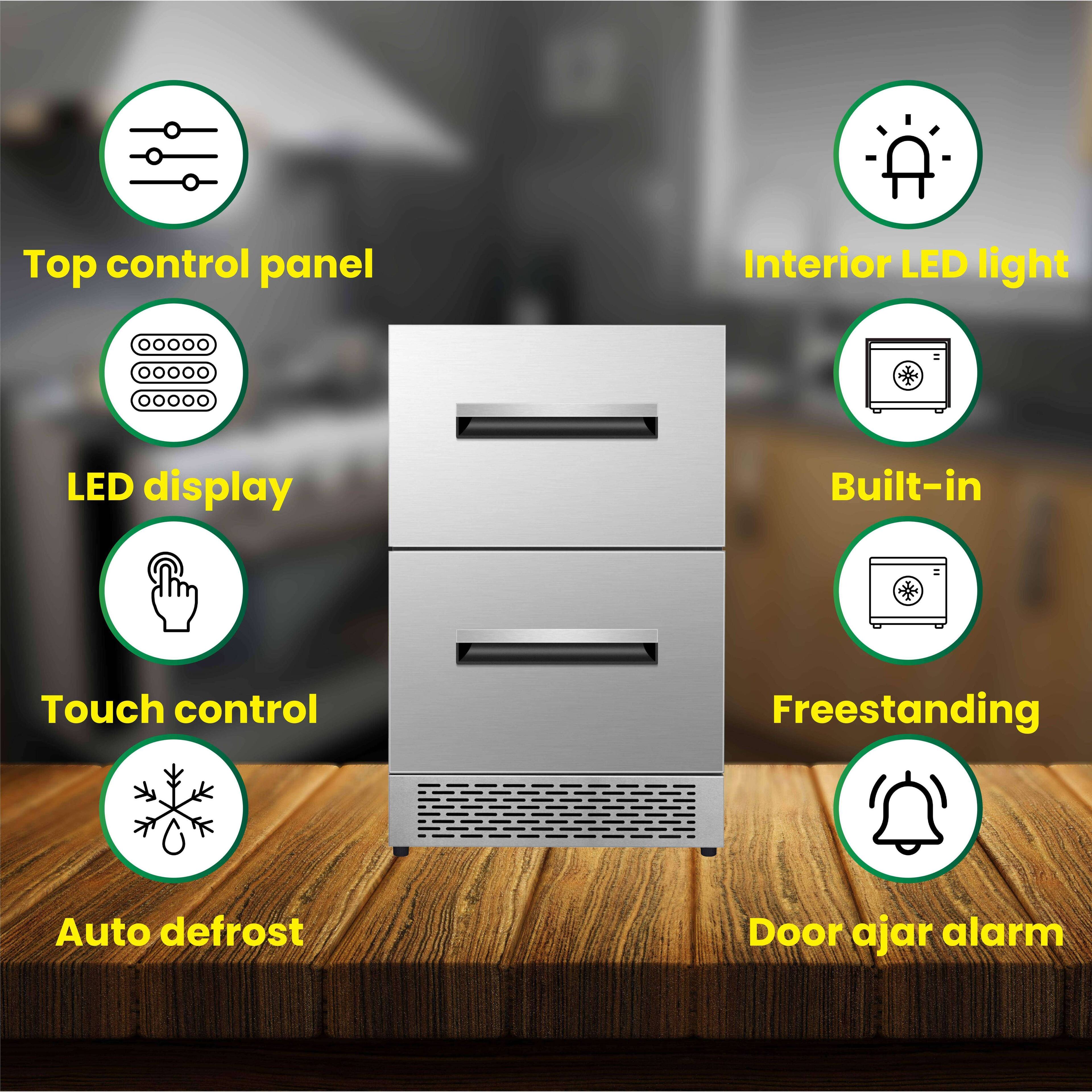- Top control panel
- LED display
- Touch control
- Auto defrost
- Interior LED light
- Built-in
- Freestanding
- Door ajar alarm