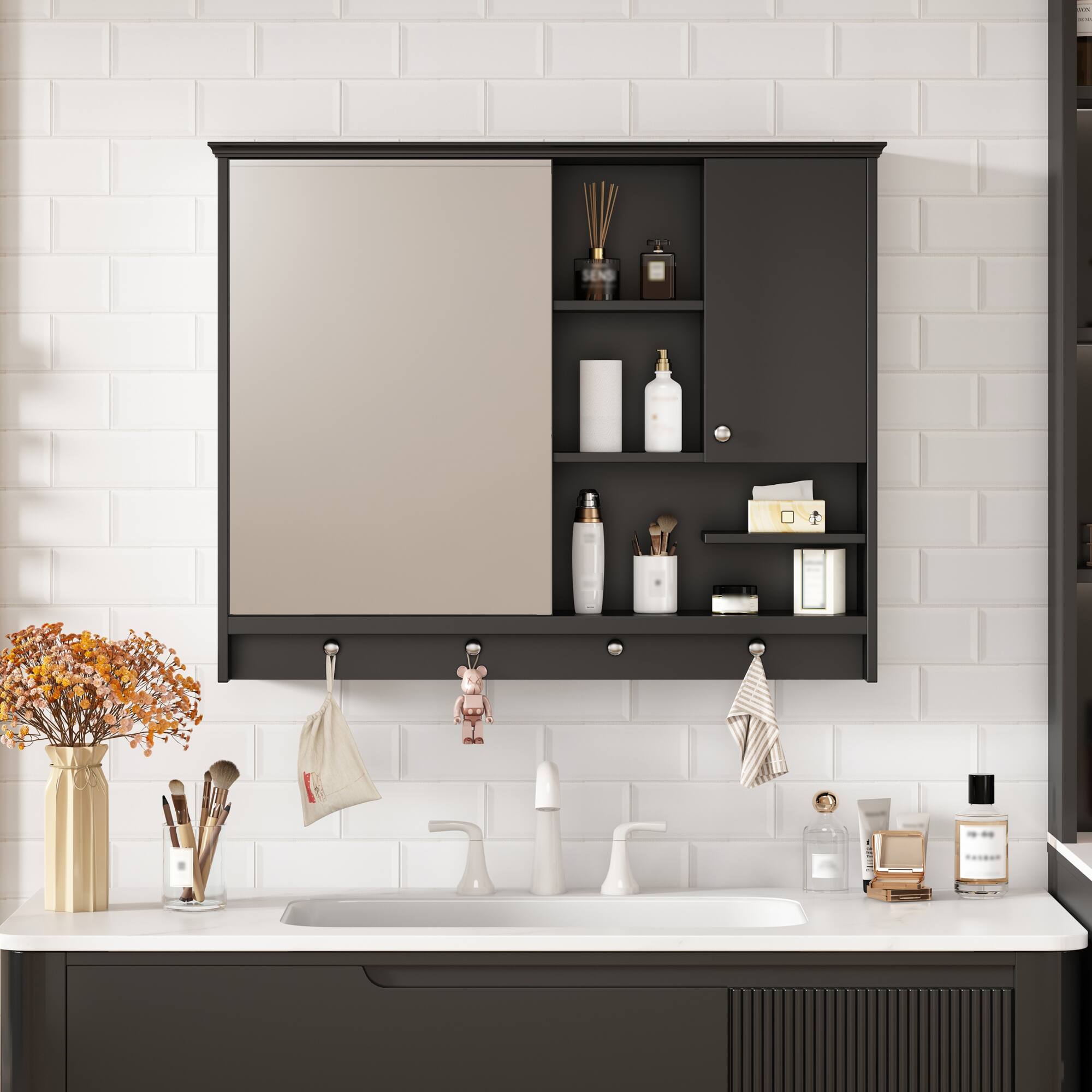 APRILSOUL - 36 Inch Wall Mounted Medicine Cabinet Bathroom Storage Cabinet with Mirror - Black