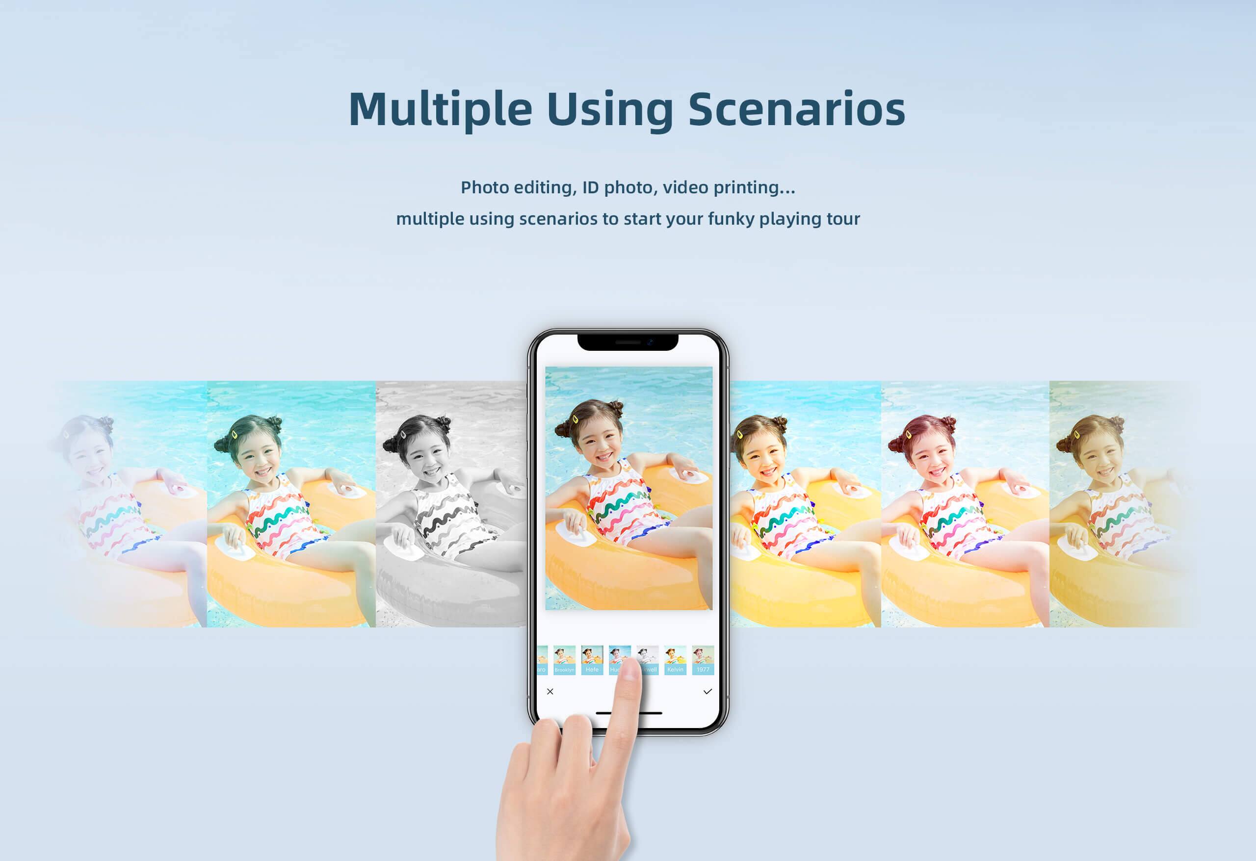 Multiple Using Scenarios  
Photo editing, ID photo, video printing...  
Multiple using scenarios to start your funky playing tour