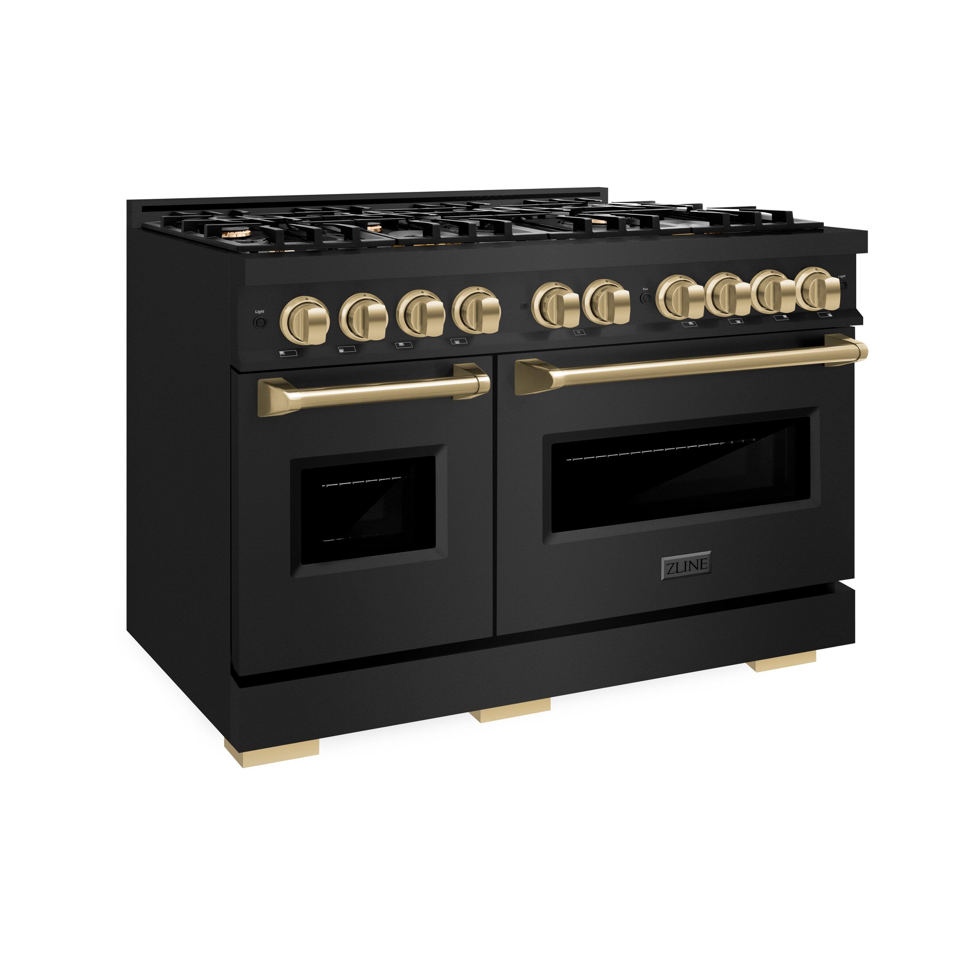 Left. ZLINE - ZLINE Autograph 48" Classic Dual Fuel Black Stainless Range w/ Bronze Accents (CDRBZ-48-CB) - Black Stainless Steel.