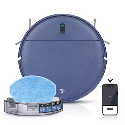 Front. HOM - Smart Robot Vacuum Cleaner & Mop - WiFi & App Control, Multiple Cleaning Modes, Self-Charging - Black.