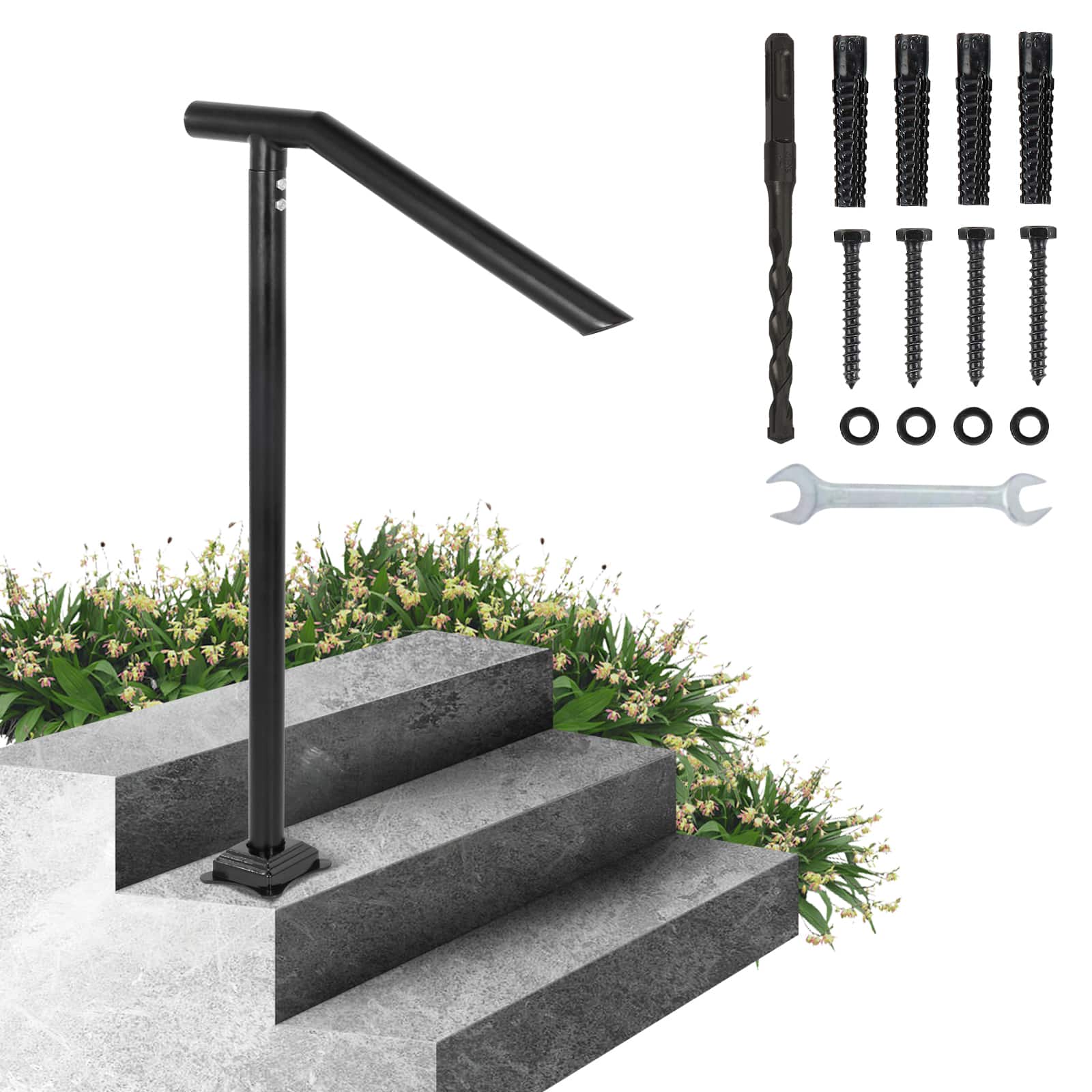 Front. VEVOR - 3Ft Step Railing, Iron Stair Handrail Floor Mounted Sturdy Black Arched Handrails for Outdoor Indoor Steps - Black.