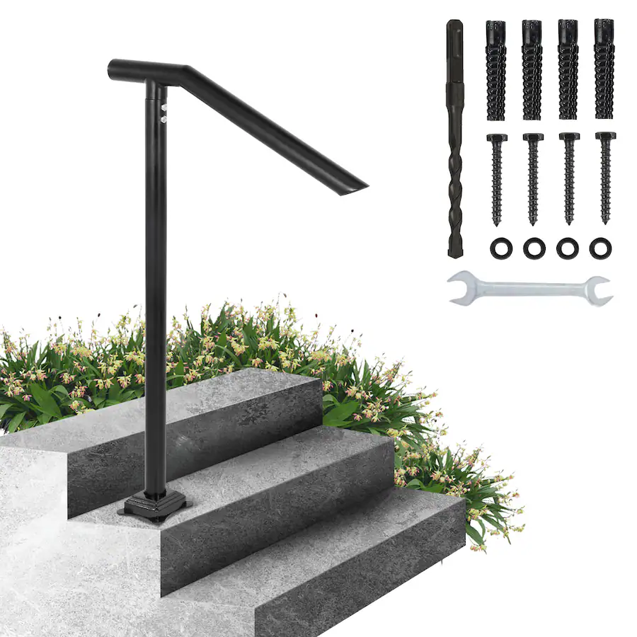 Sturdy Hand Rails VEVOR 3Ft Step Railing, Iron Stair Handrail Floor Mounted Sturdy Arched ...