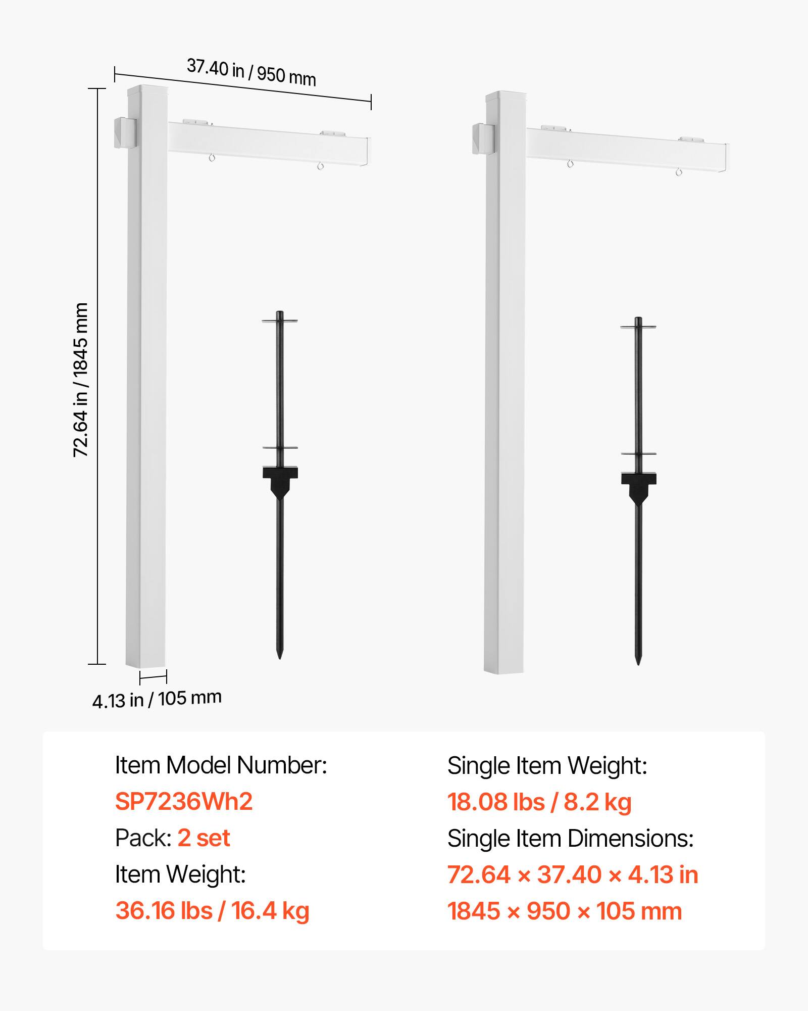 37.40 in / 950 mm  
72.64 in / 1845 mm  
4.13 in / 105 mm  

Item Model Number: SP7236Wh2  
Pack: 2 set  
Item Weight: 36.16 lbs / 16.4 kg  
Single Item Weight: 18.08 lbs / 8.2 kg  
Single Item Dimensions: 72.64 x 37.40 x 4.13 in / 1845 x 950 x 105 mm